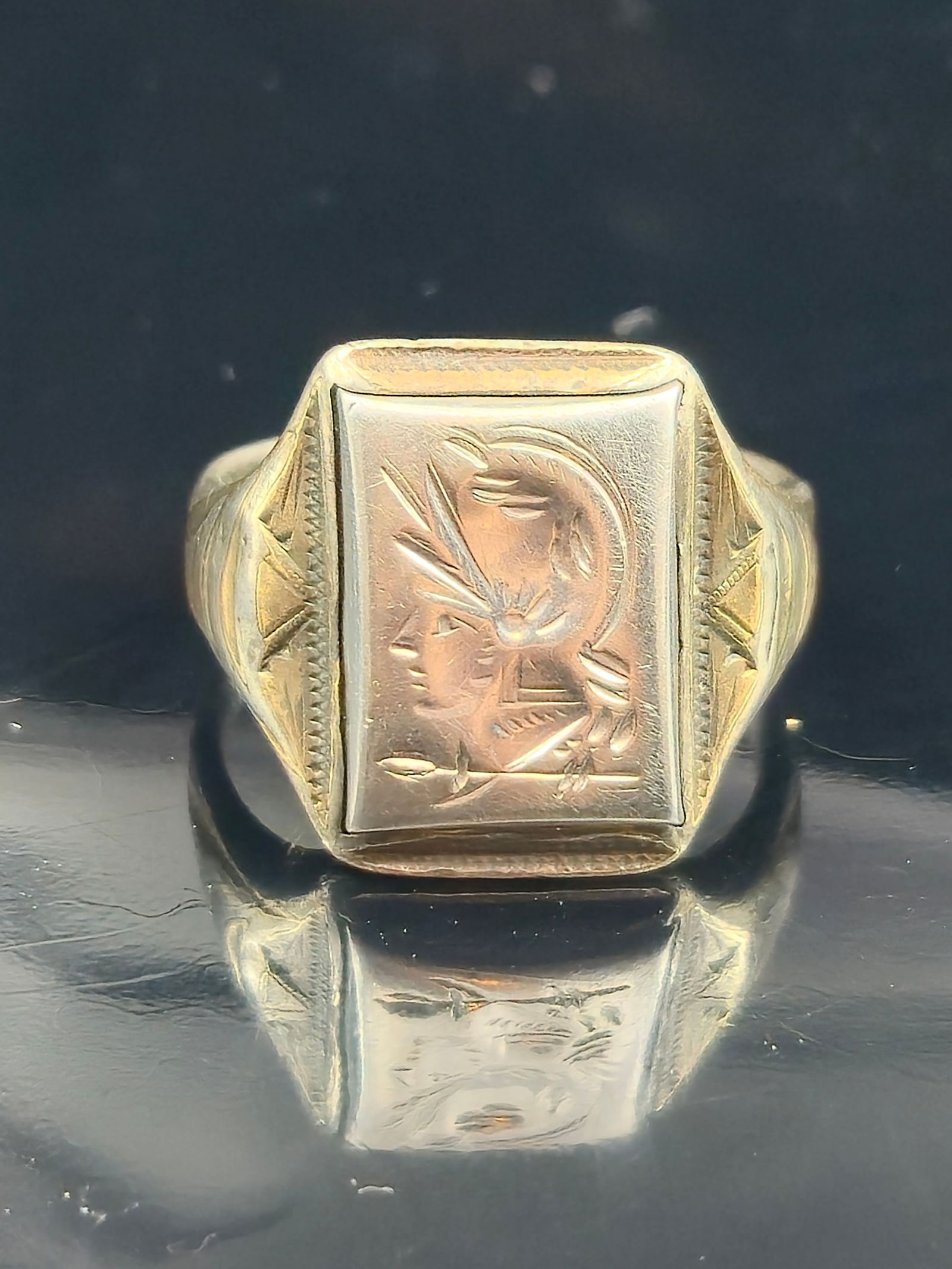 Vintage Sterling Silver 10K Gold Top Warrior Signet Ring sz 10, 8.5g (1 of 7)