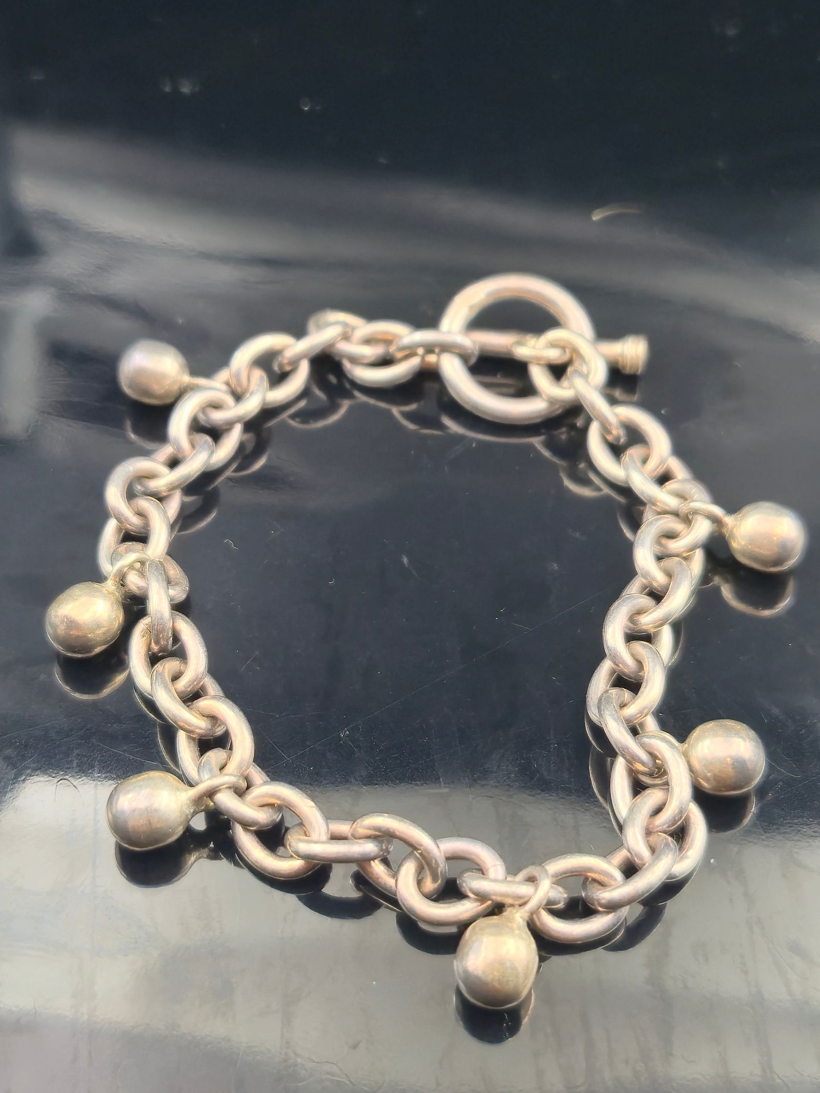 Sterling Silver Toggle Bracelet w/ Ball Charms, 7", 24.7g (1 of 8)