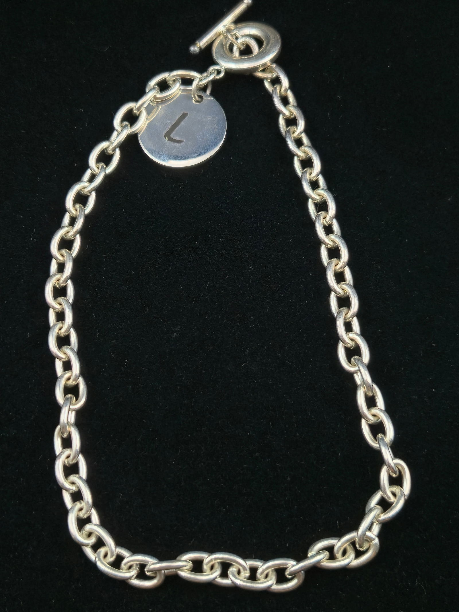Sterling Silver Toggle Necklace w/ “L” Disc Charm, 18", 46.5g (1 of 5)