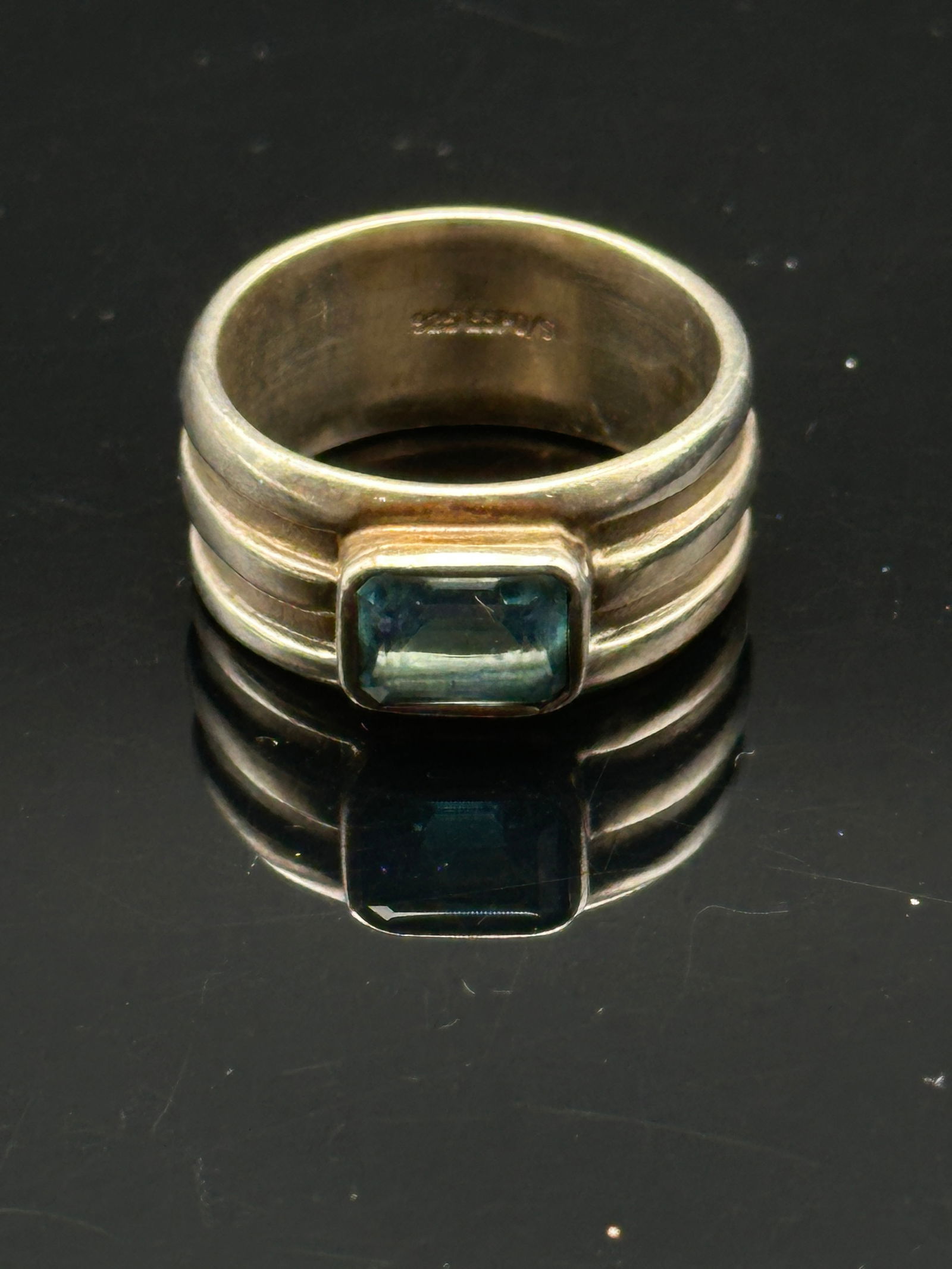 Sterling Silver Wide Band Ring with Emerald-Cut Blue Stone (1 of 7)