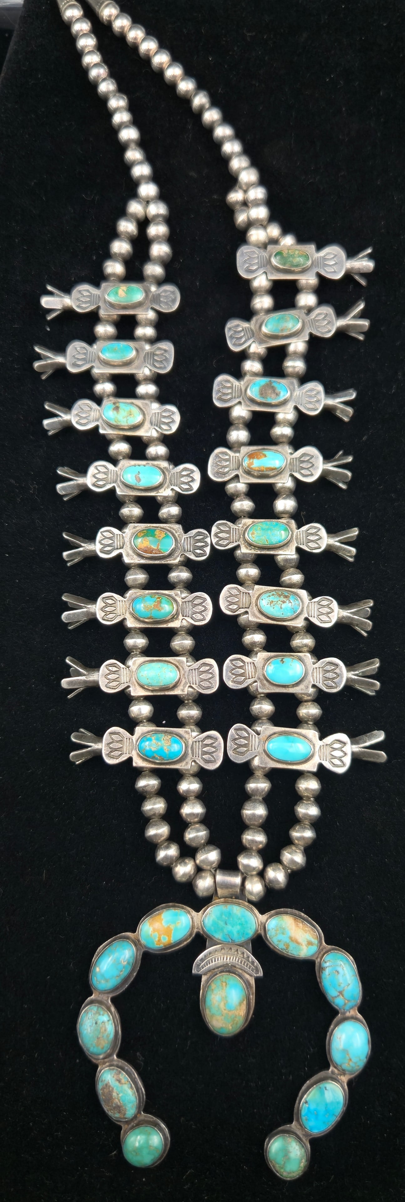 Vintage Navajo Sterling Silver & Turquoise Squash Blossom Necklace, 103.2g (1 of 10)
