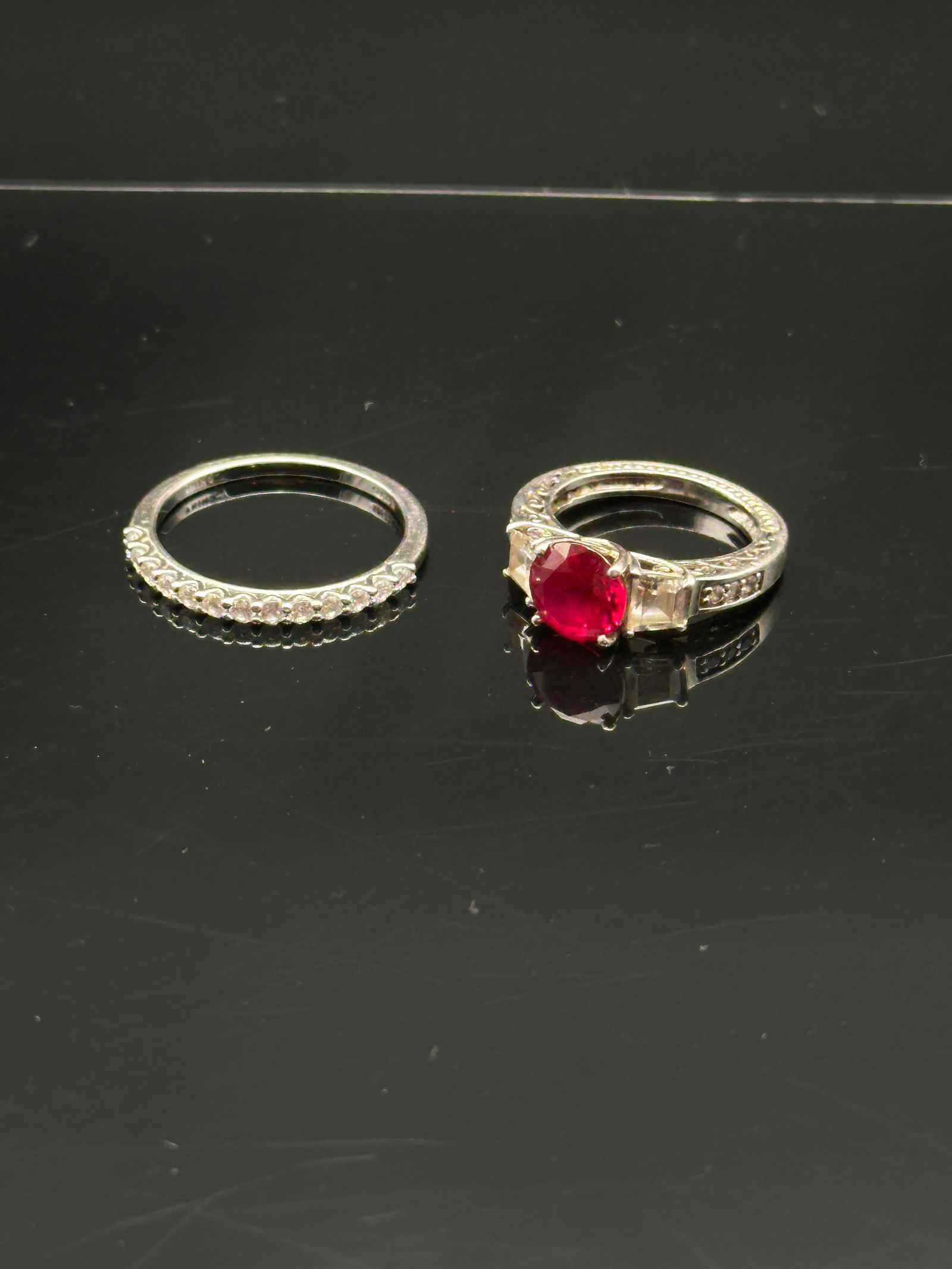 Sterling Silver Ring Set – Ruby Red Solitaire & Cubic Zirconia Band (1 of 6)