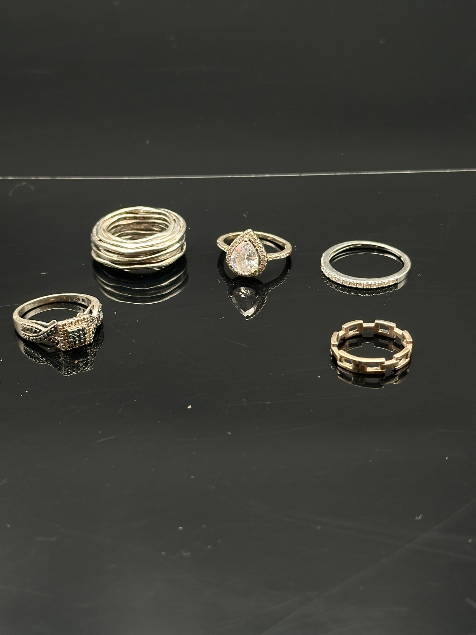 Set of Five Sterling Silver Rings with CZ & Designer Bands (Marked 925) (1 of 13)