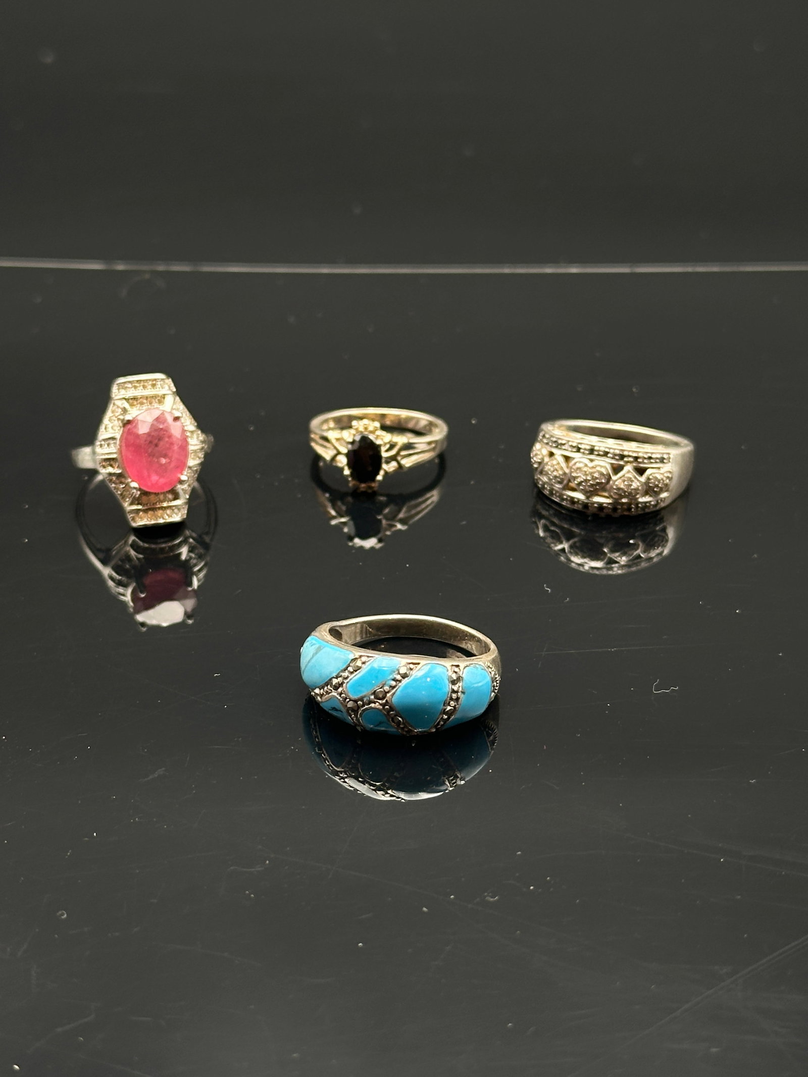 Set of Four Sterling Silver Gemstone Rings – Turquoise, Ruby, Garnet & CZ (Marked 925) (1 of 11)