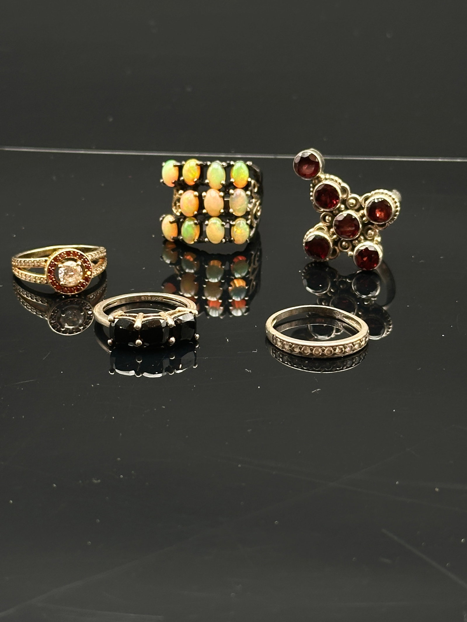 Set of Five Sterling Silver Gemstone Rings – Opal Cluster, Garnet, CZ & Onyx (Marked 925) (1 of 13)