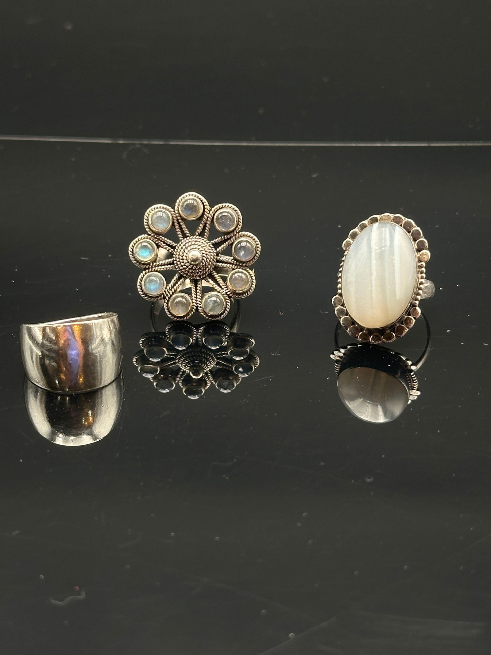 Set of Three Sterling Silver Rings – Wide Band, Moonstone & Cabochon Cluster (Marked 925) (1 of 9)
