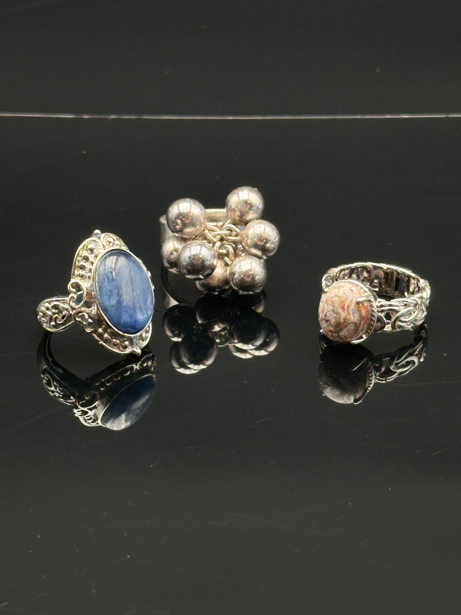 Set of Three Sterling Silver Statement Rings – Kyanite, Orb Cluster & Fossil/Stone Cabochon (1 of 9)