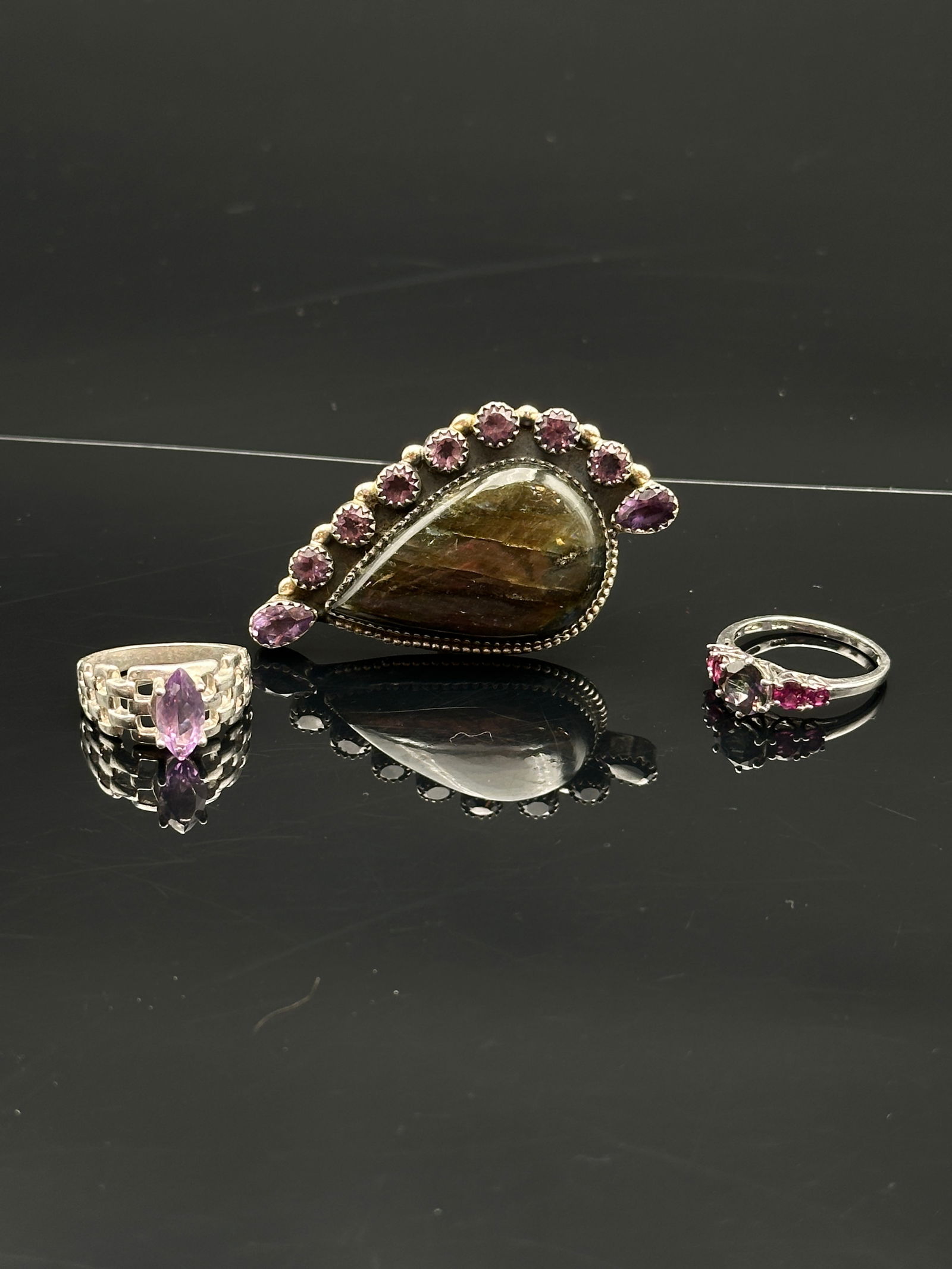 Set of Three Sterling Silver Rings – Labradorite & Amethyst Accents (Marked 925) (1 of 10)