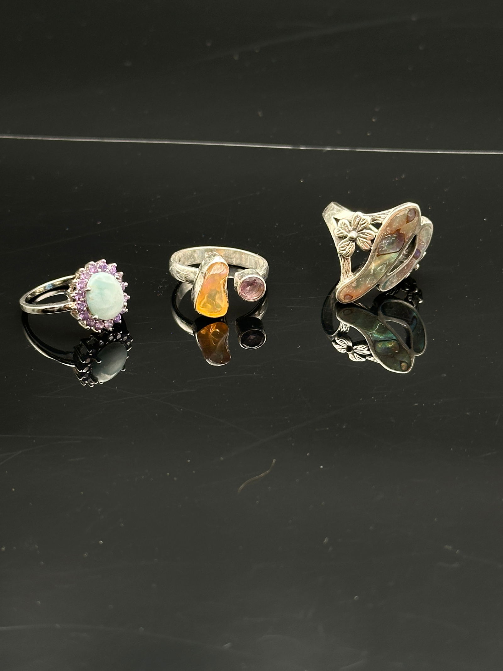Lot of Three Sterling Silver Rings – Opal, Fire Opal & Abalone Inlay (Marked 925) (1 of 8)