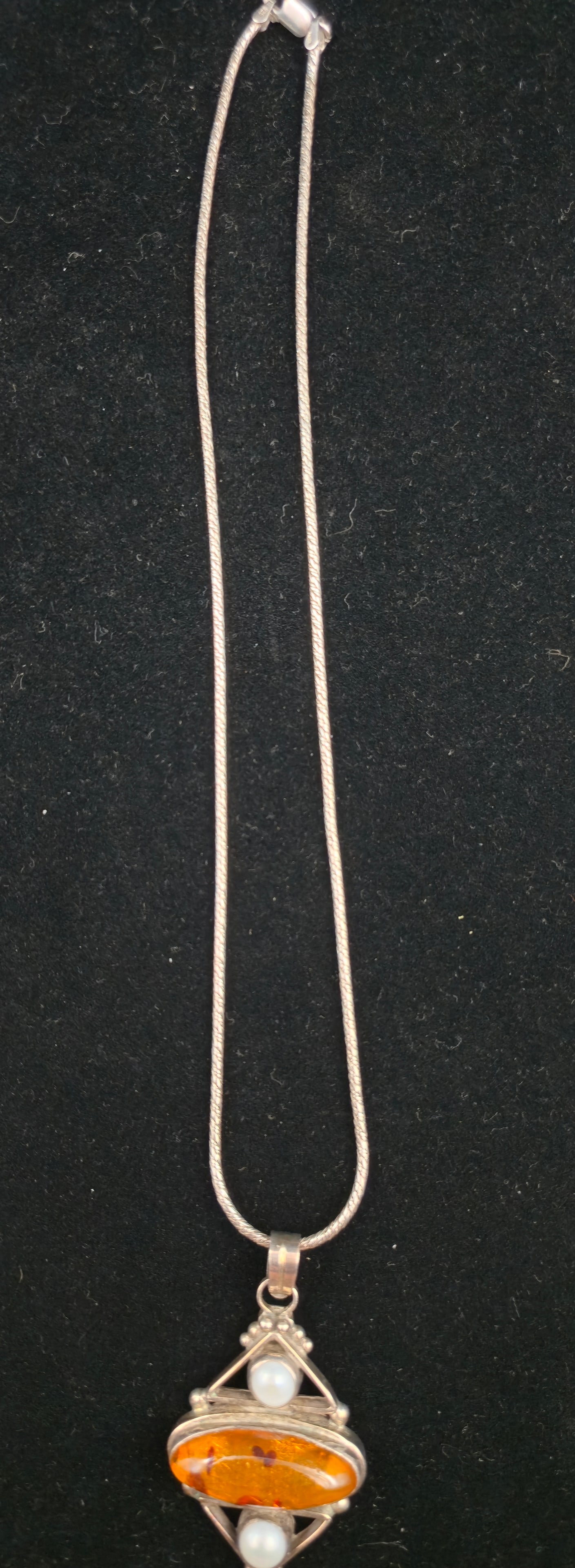 Vintage Sterling Necklace w/ Amber Cabochon & Pearls, 27.4g (1 of 7)