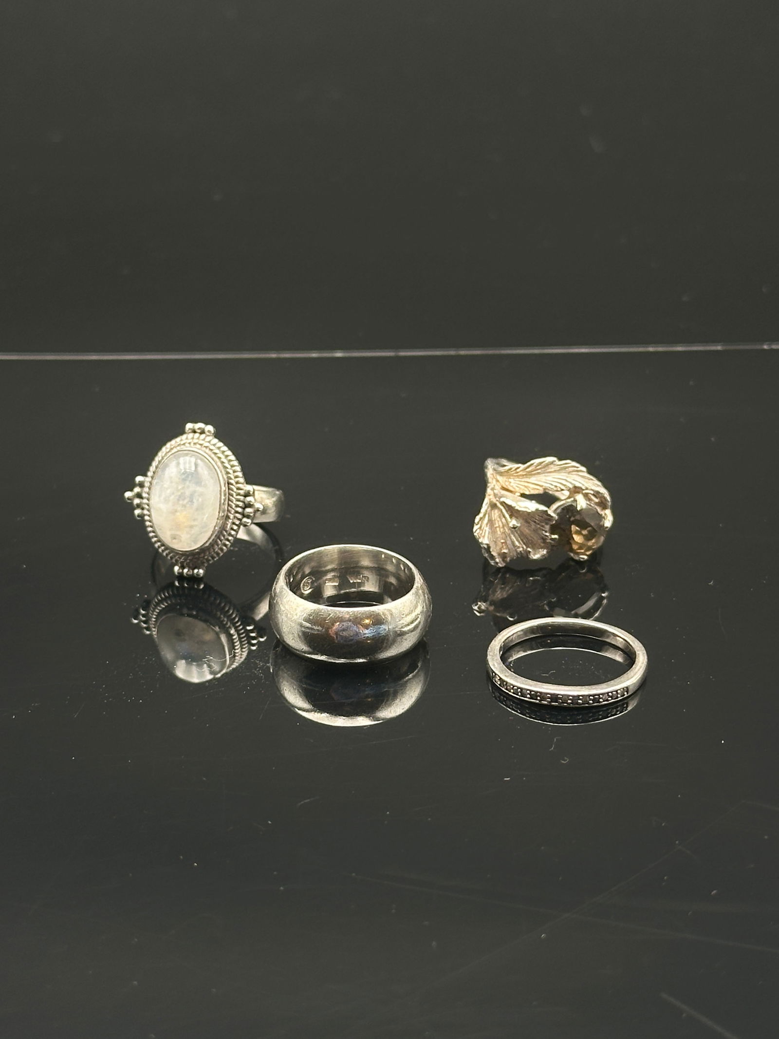 Set of Four Sterling Silver Rings – Moonstone, Bold Band, Leaf Motif & Eternity (1 of 11)