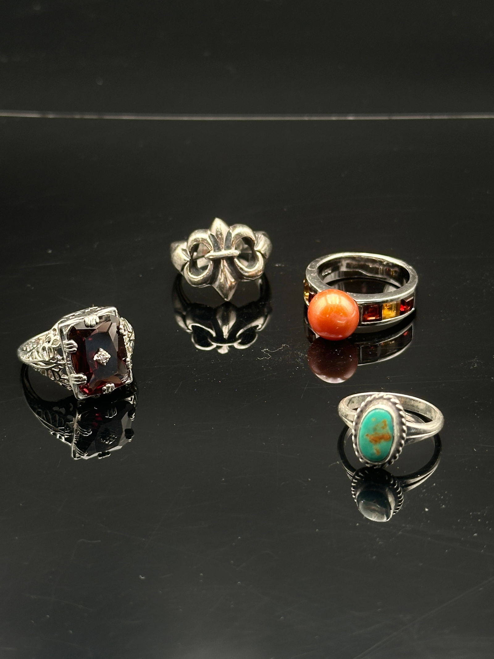 Set of Four Sterling Silver Rings – Garnet, Turquoise, Coral, and Fleur-de-Lis (1 of 11)