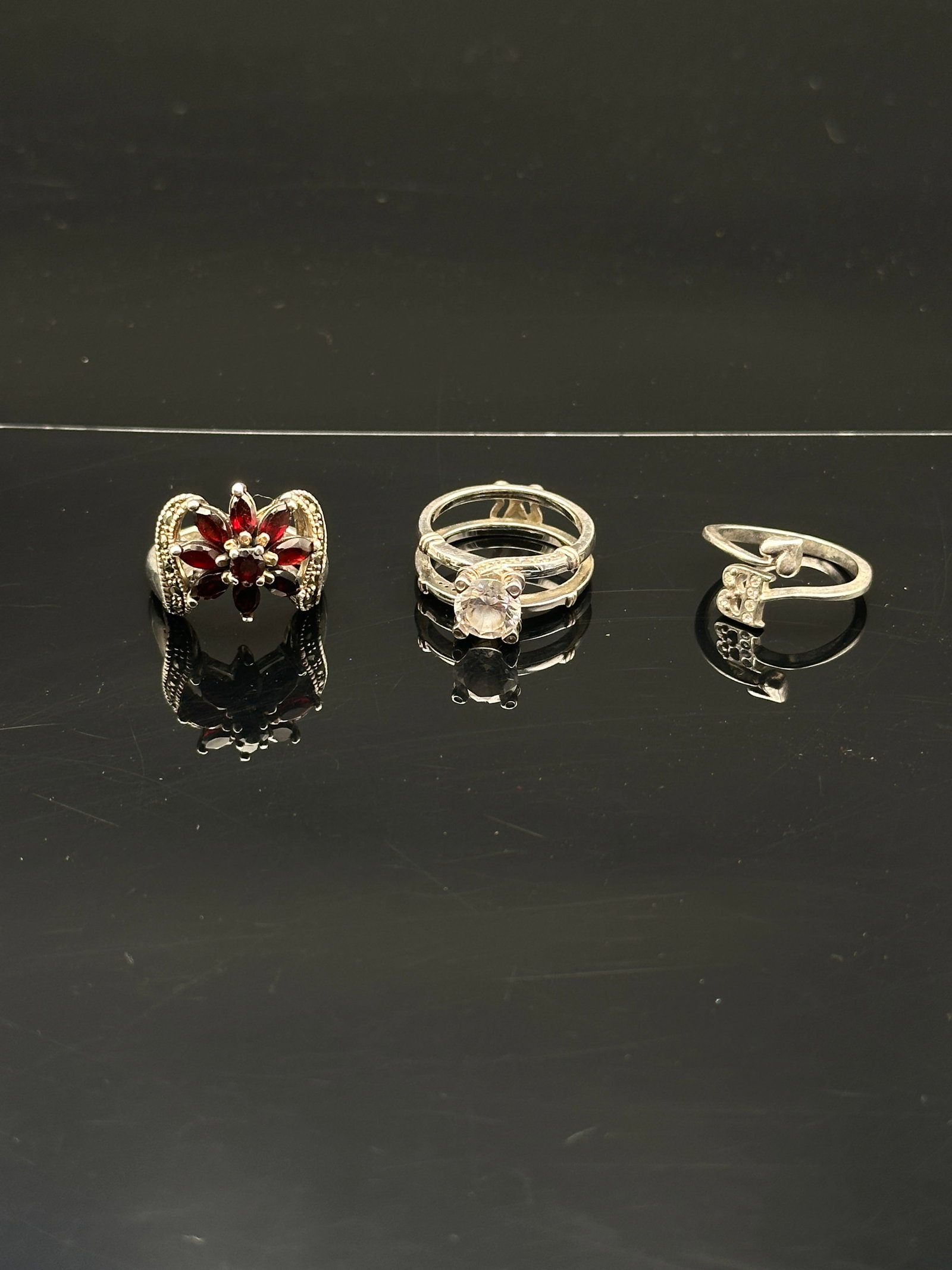 Set of Three Sterling Silver Rings – Garnet Floral, Solitaire, and Modern Accent (1 of 11)