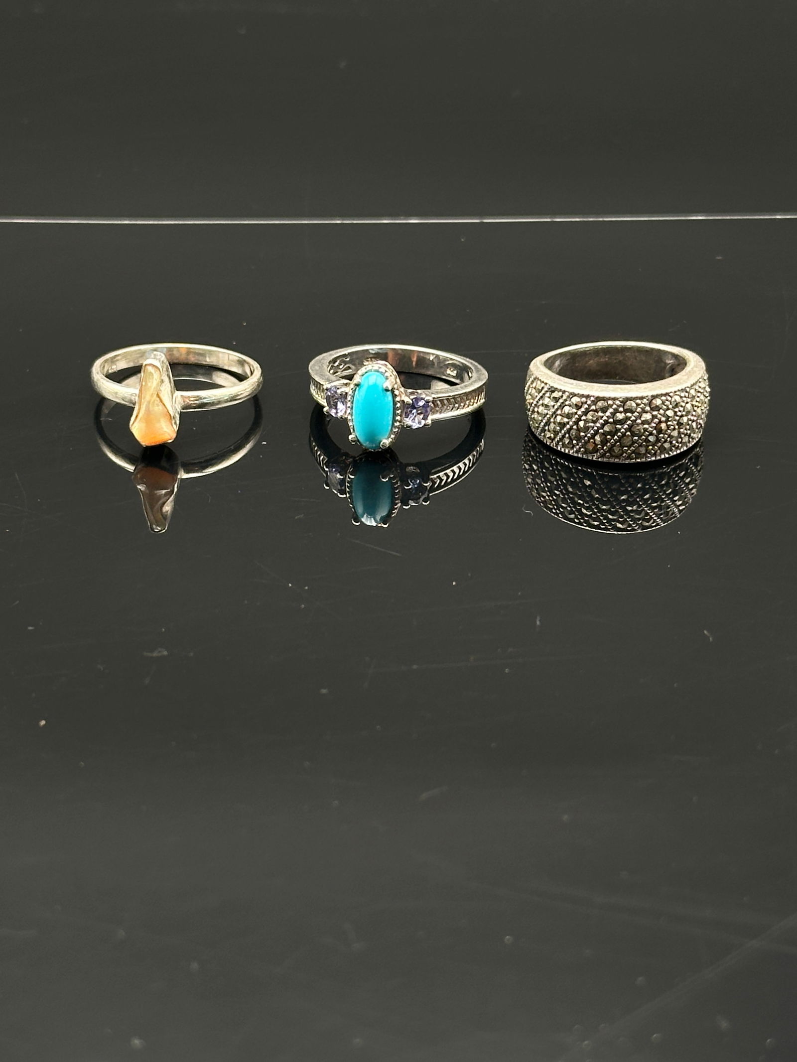 of Three Sterling Silver Rings – Amber, Turquoise, and Marcasite Band (1 of 9)