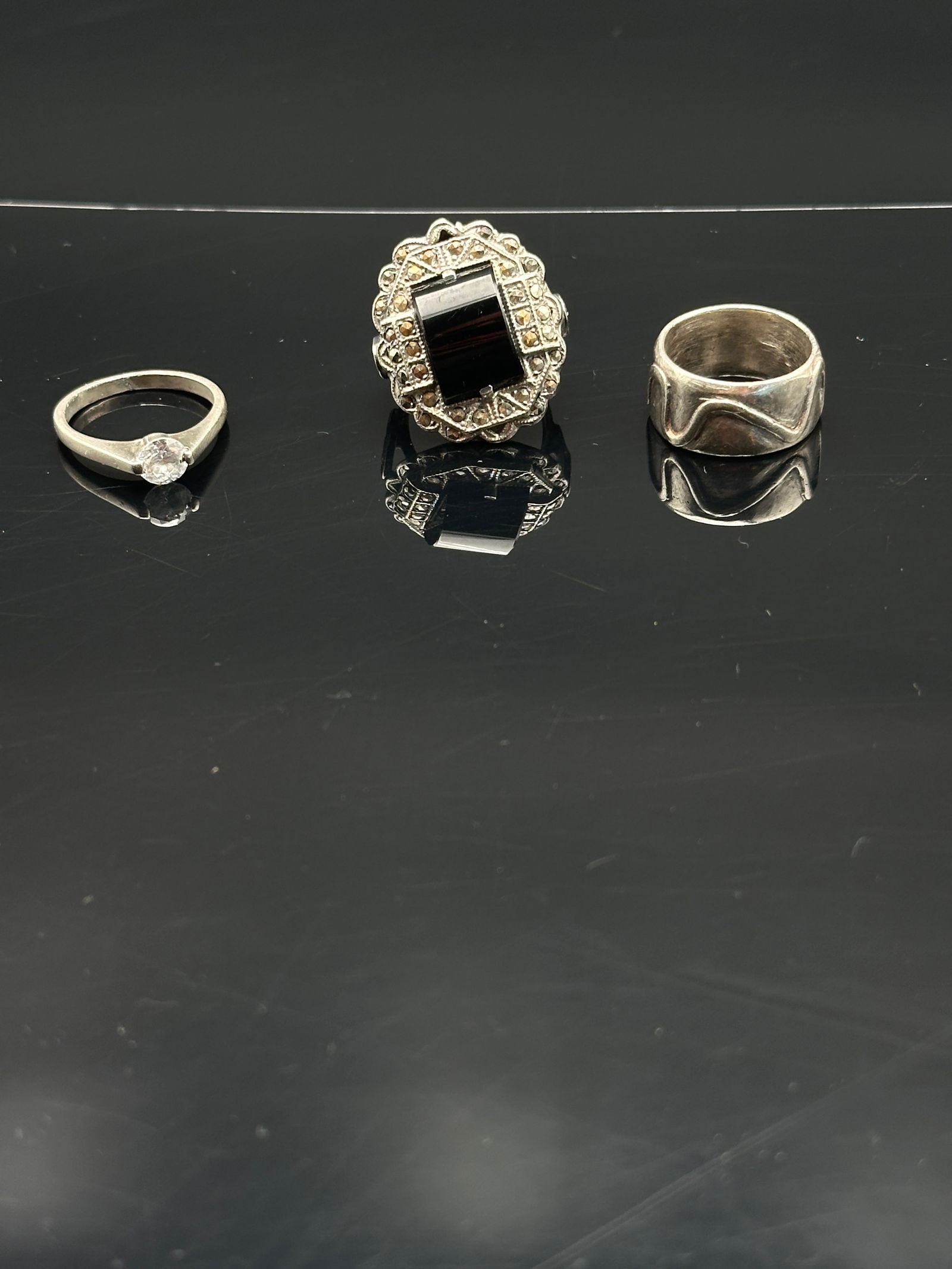 Set of Three Sterling Silver Rings – Solitaire, Onyx Art Deco, and Wide Band (1 of 9)