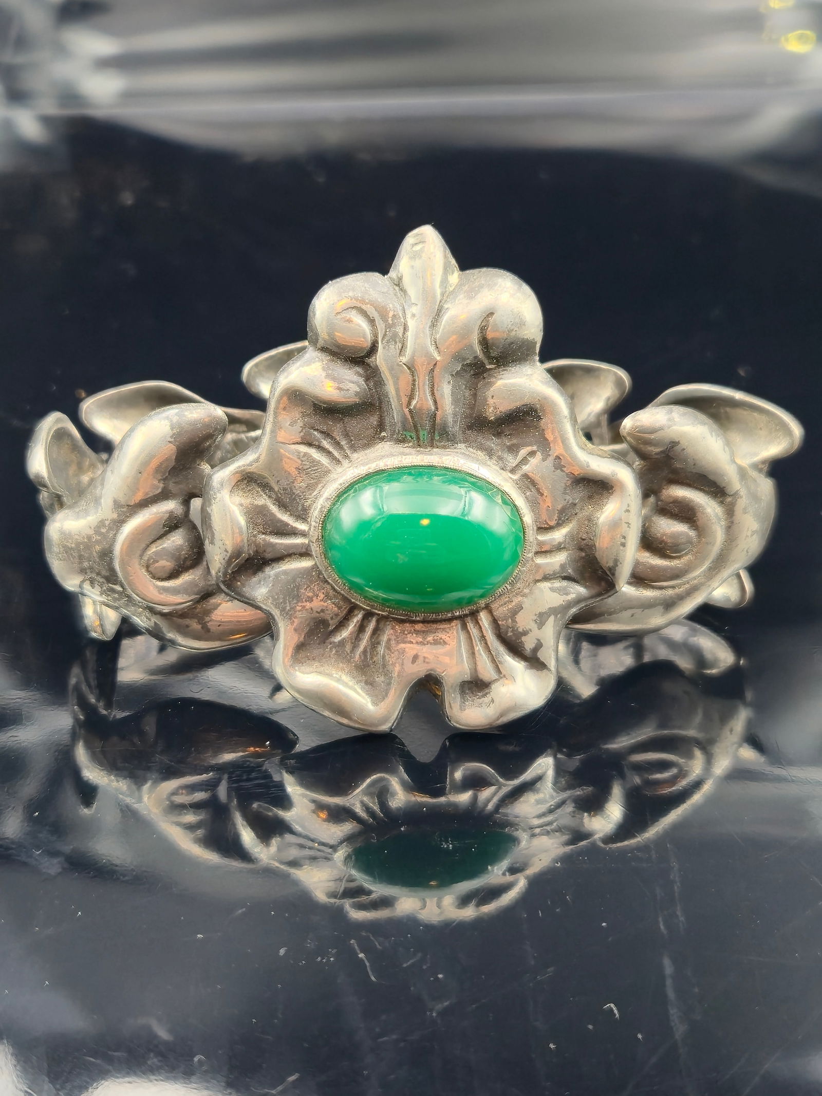 Vintage Mexican Sterling Silver Bracelet, Floral Repoussé w/ Green Chrysoprase, 70g (1 of 6)