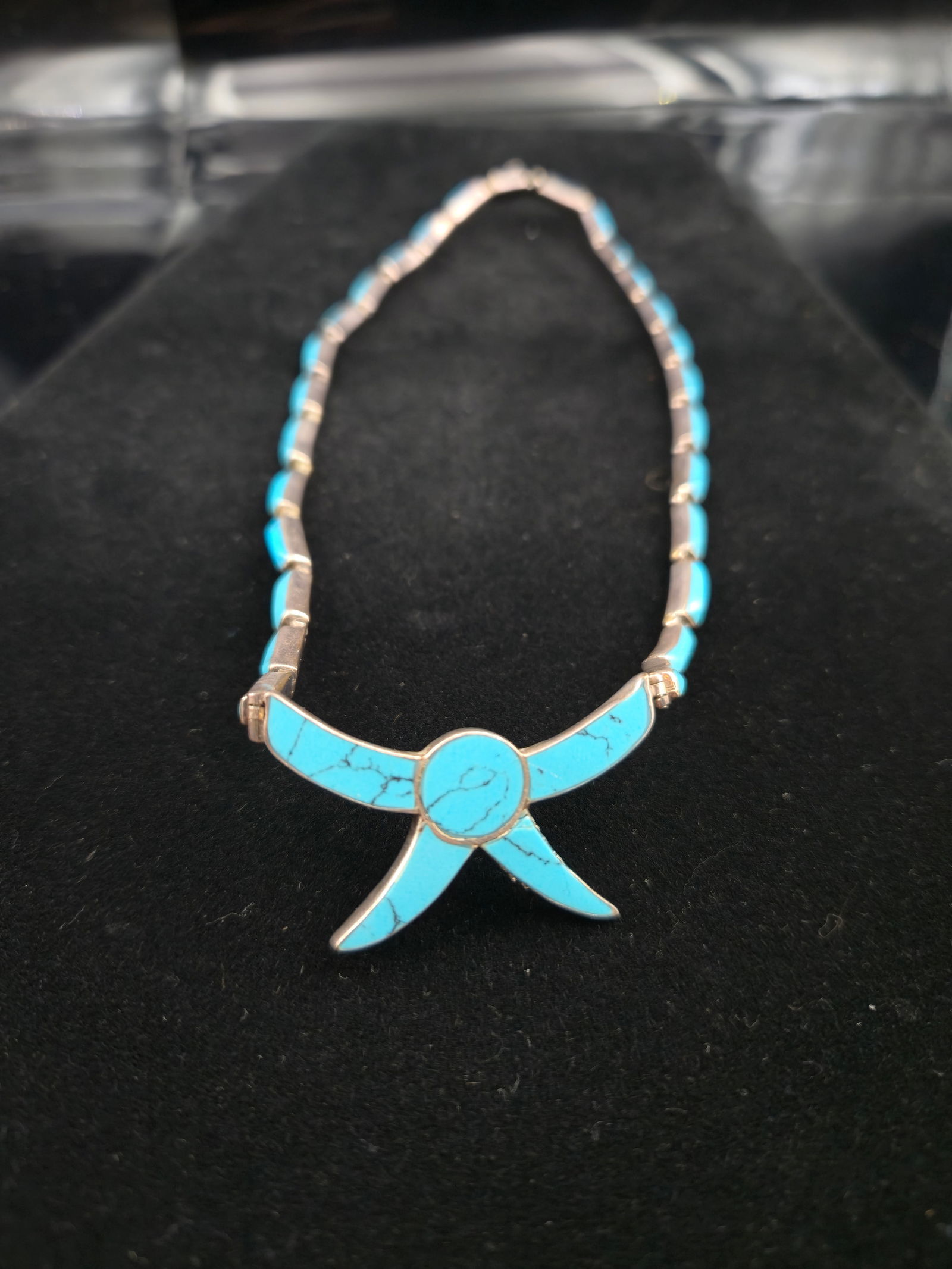 Vintage Mexican Sterling Silver Turquoise Inlay Necklace, 22.5g: Vintage sterling silver and turquoise inlay necklace, handcrafted with rectangular silver links leading to a bold geometric centerpiece. The centerpiece features vibrant turquoise inlay in a stylized