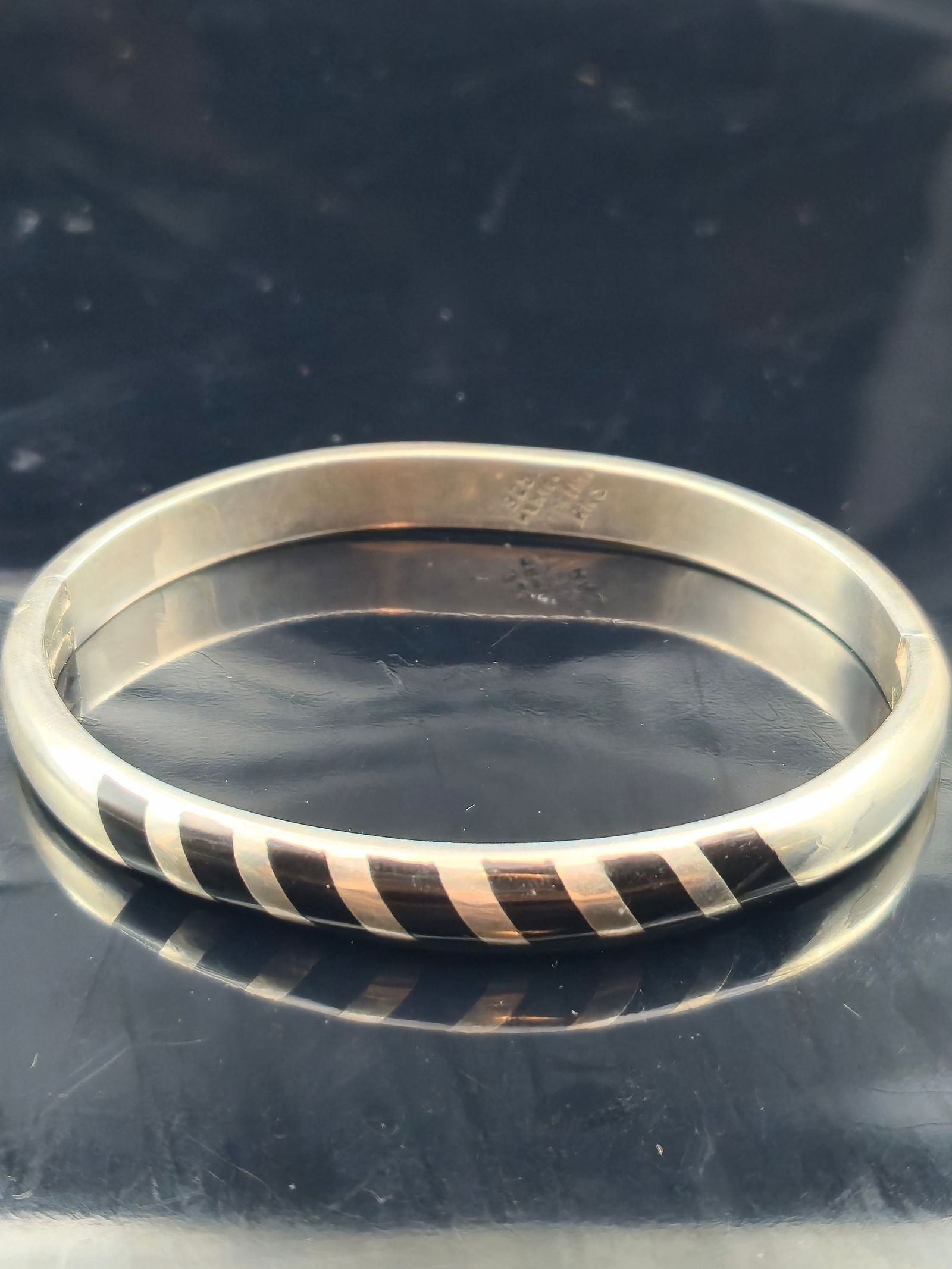Mexican Sterling Silver RNS Black Inlay Striped Bangle 40.3g (1 of 8)