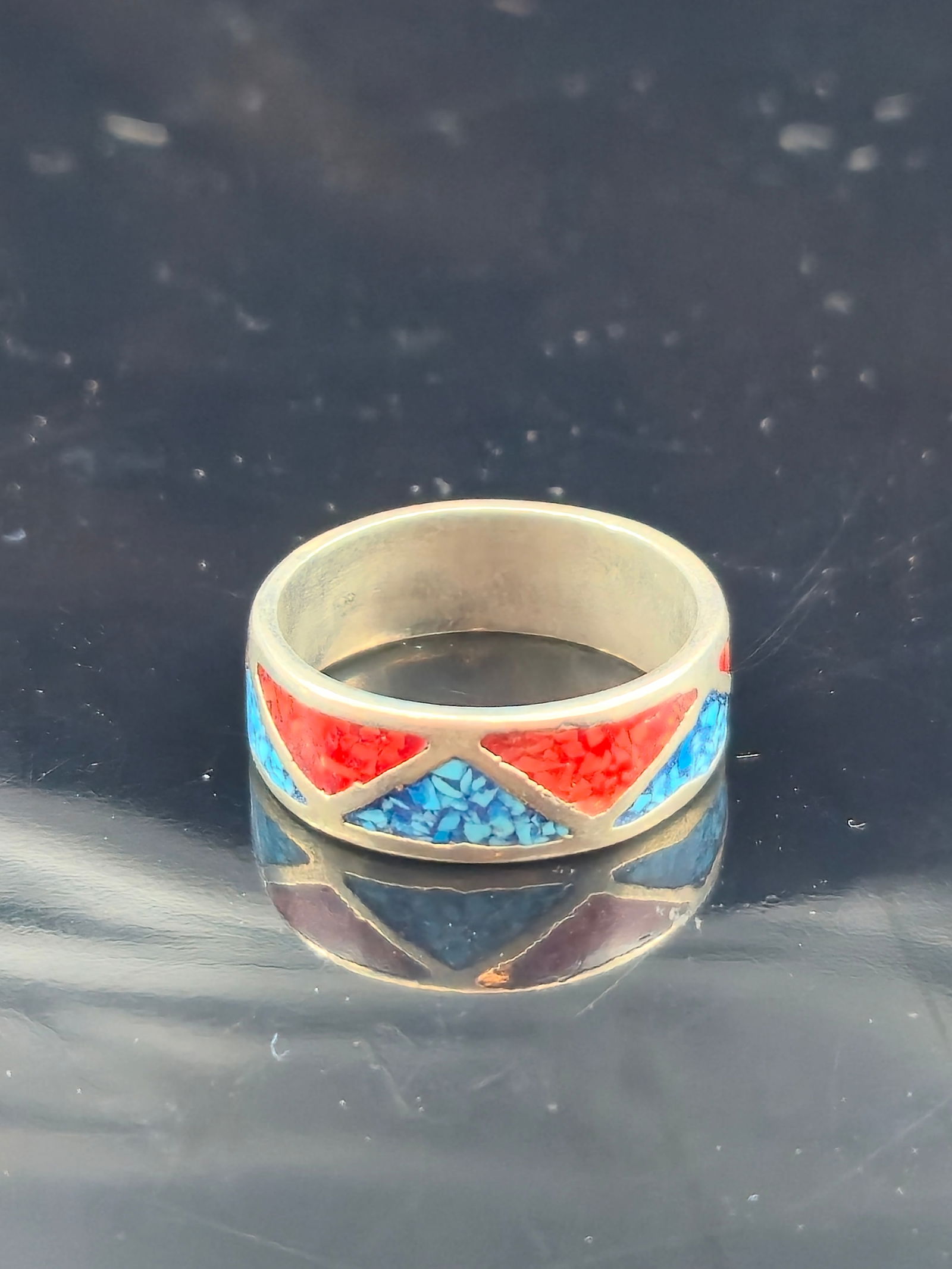 Sterling Silver Zuni Style Chip Inlay Ring w/ Coral & Turquoise, Size 8.5, 4.8g (1 of 6)