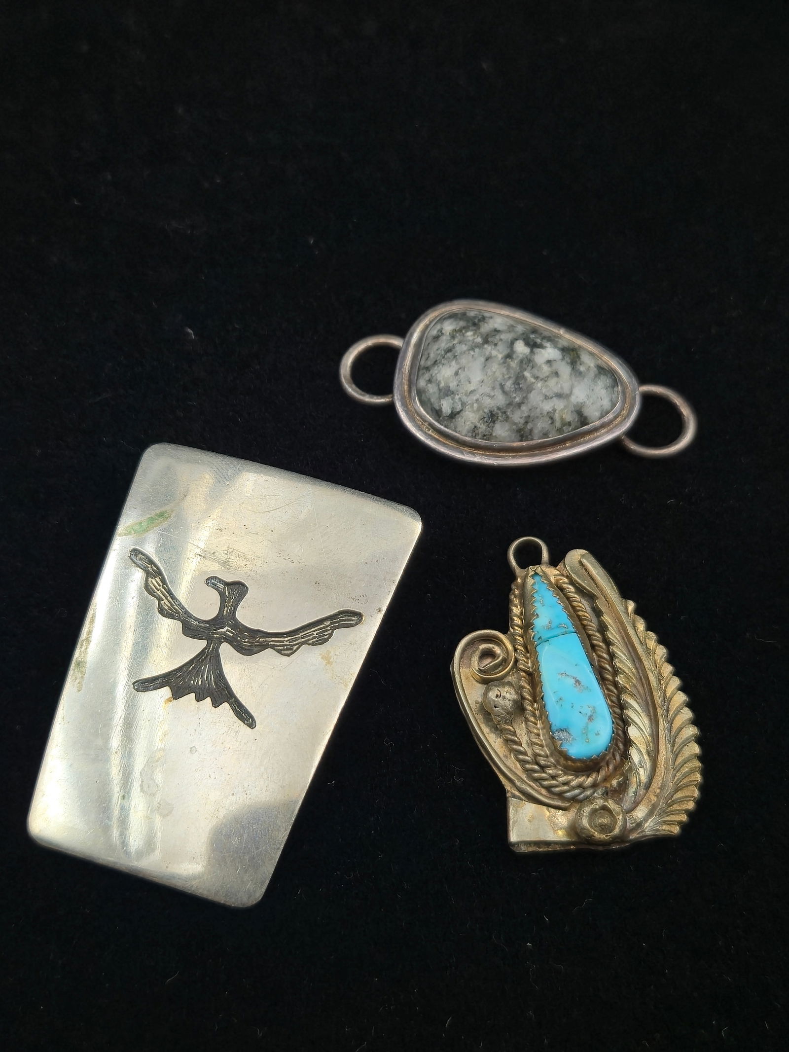 Lot of 3 Vintage Sterling Pendants – Taxco, Native Style Turquoise & Hardstone, 37.9g (1 of 9)
