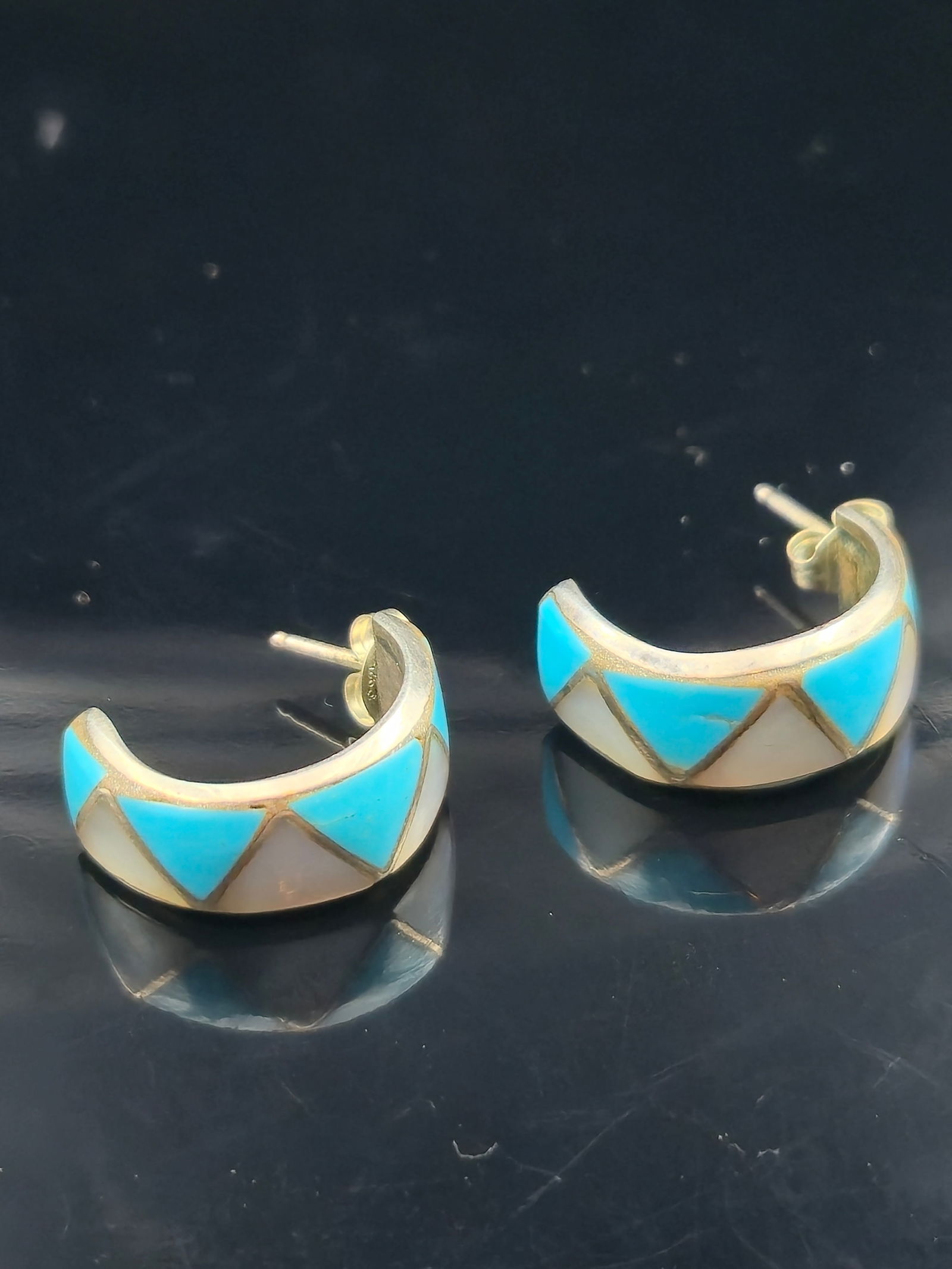 Zuni Style Sterling Turquoise & Mother-of-Pearl Inlay Hoop Earrings, 1.5g (1 of 6)