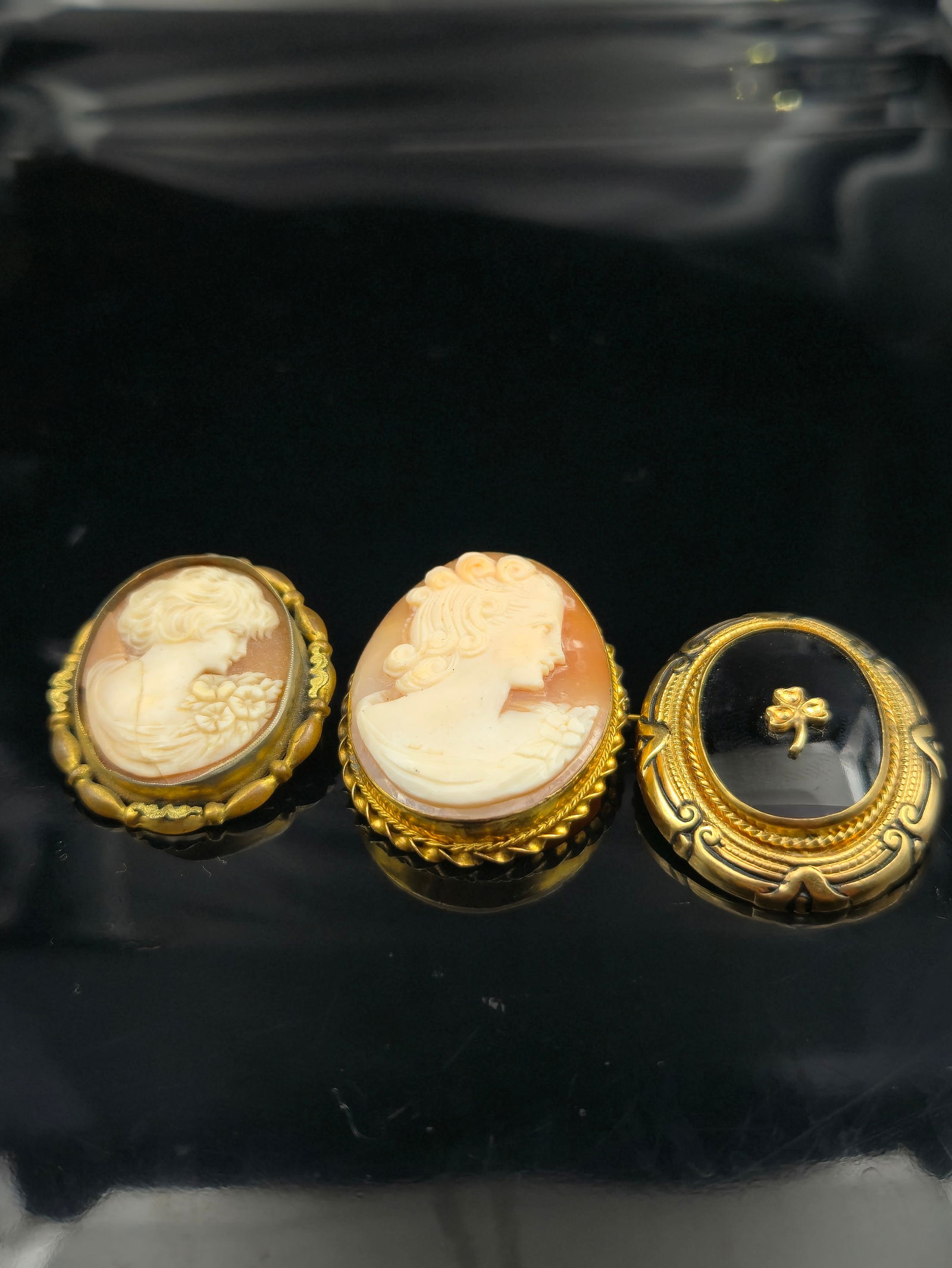 Lot of 3 Vintage Gold-Filled Cameo & Onyx Brooches, 27.3g, c. 1920s–40s (1 of 11)