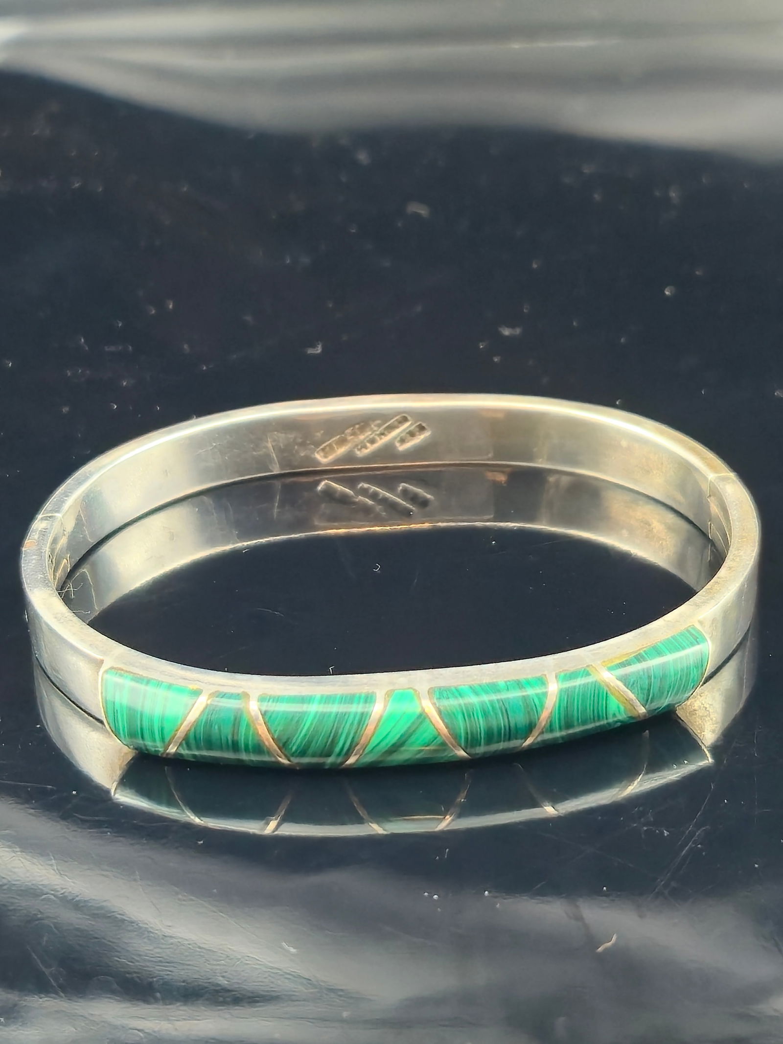 Taxco Mexico Sterling Silver Hinged Bangle w/ Malachite Inlay, 34.3g (1 of 7)
