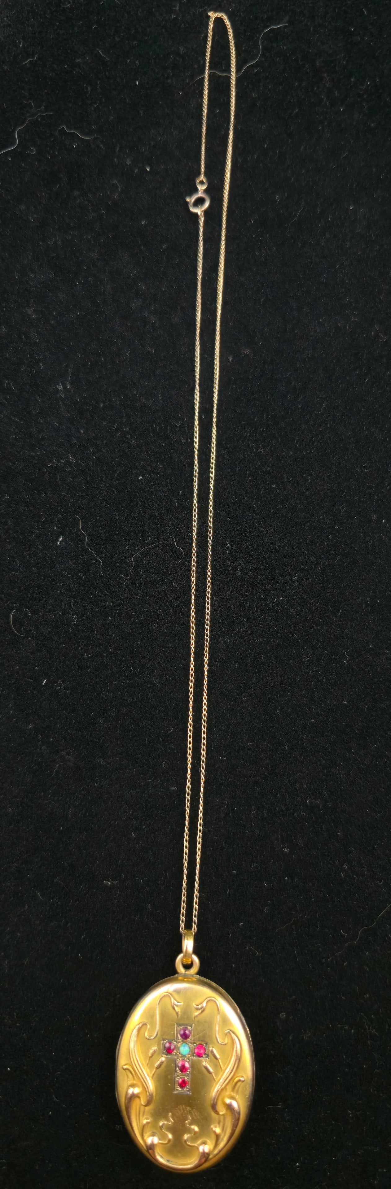 Antique Gold-Filled Oval Locket Necklace w/ Ruby Glass Cross & Inscription, 13.9g (1 of 7)