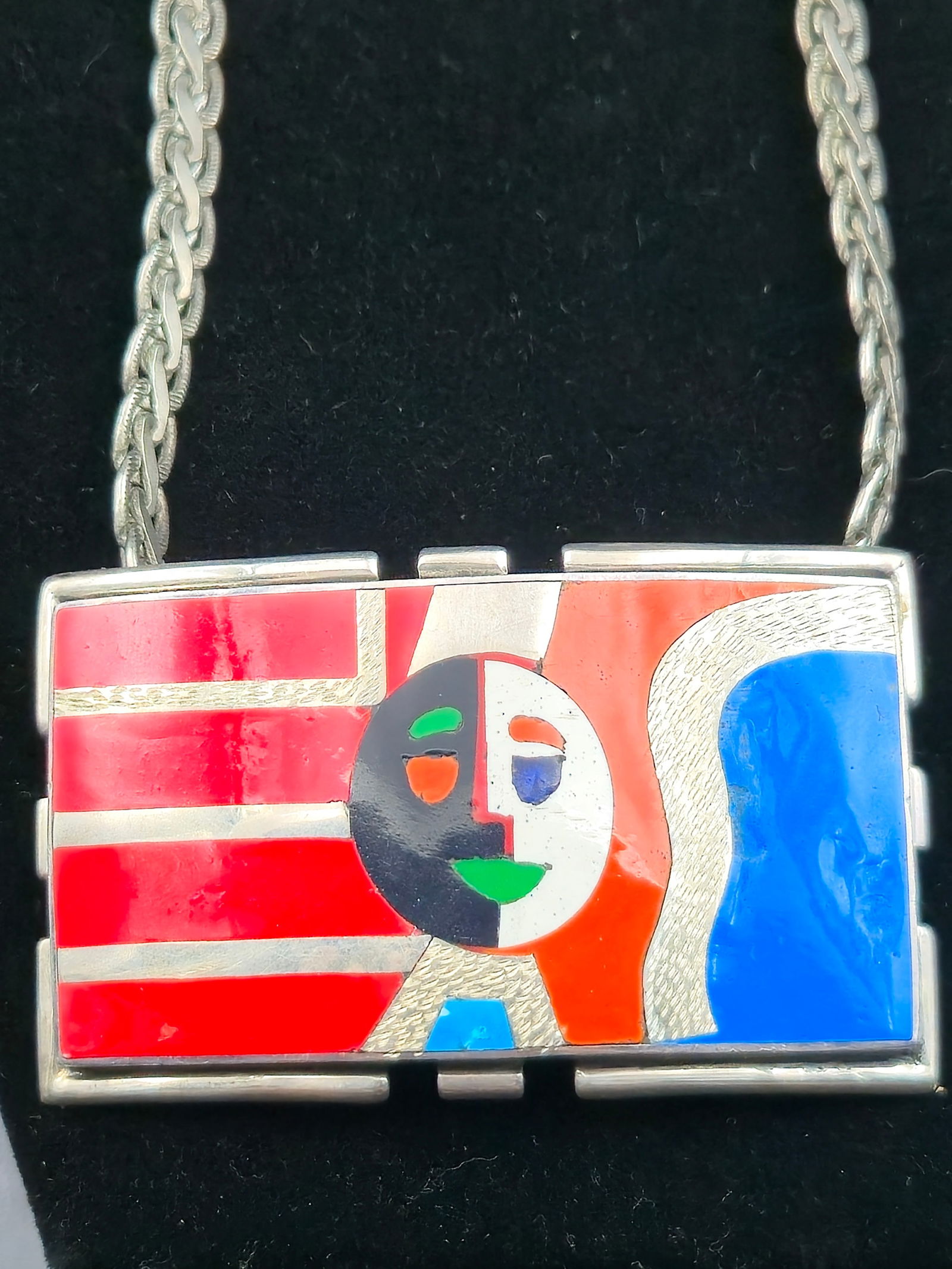 Taxco Mexico Sterling Silver Enamel Pendant Necklace, Hecho a Mano Mark, 85.4g (1 of 9)