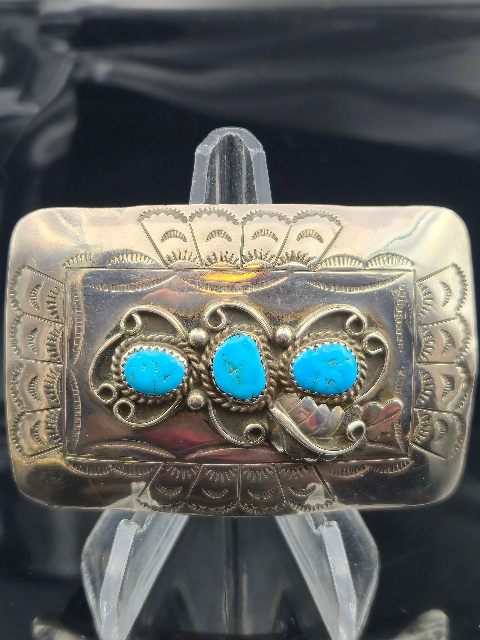 Navajo Sterling Silver Belt Buckle w/ Turquoise, Signed D.C. Thomas, 35.5g (1 of 8)