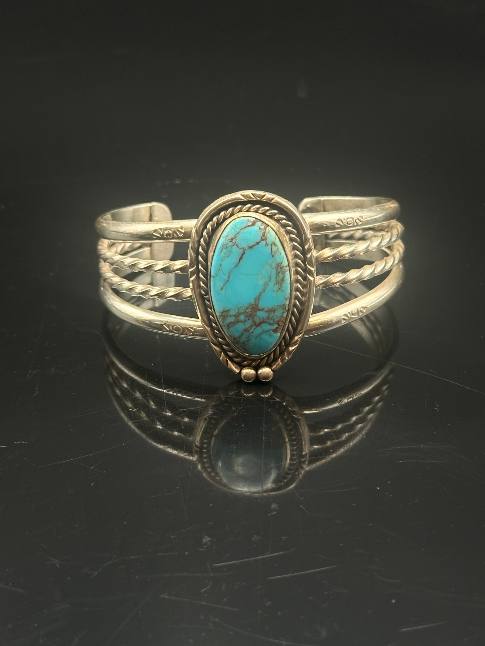 Vintage Navajo Sterling Silver Cuff Bracelet with Large Turquoise Cabochon (1 of 8)