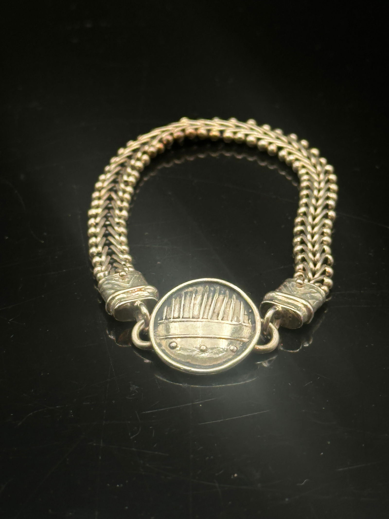 TOMAS 925 Sterling Silver Woven Chain Bracelet with Round Medallion (1 of 5)