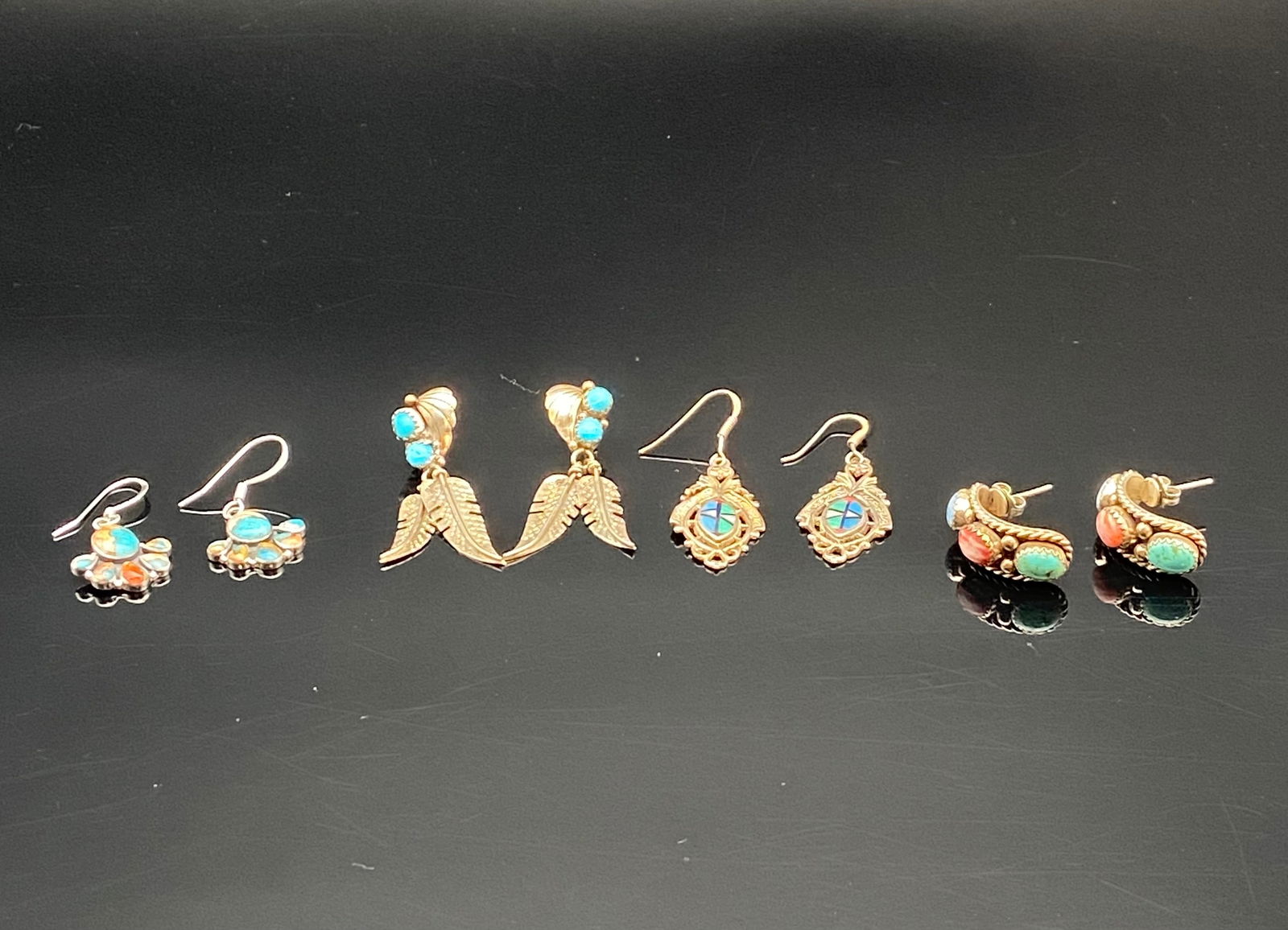 Four Pairs Sterling Silver Earrings with Turquoise & Coral Accents (1 of 7)