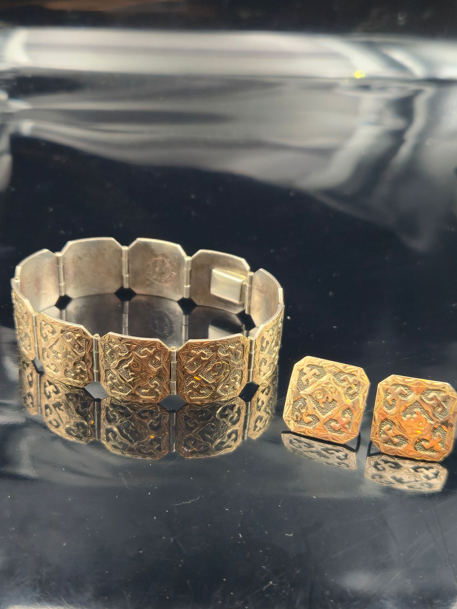 Vintage Taxco Alfaro Sterling Silver & Gold Overlay Bracelet w/ Earrings Set, 38.5g (1 of 9)