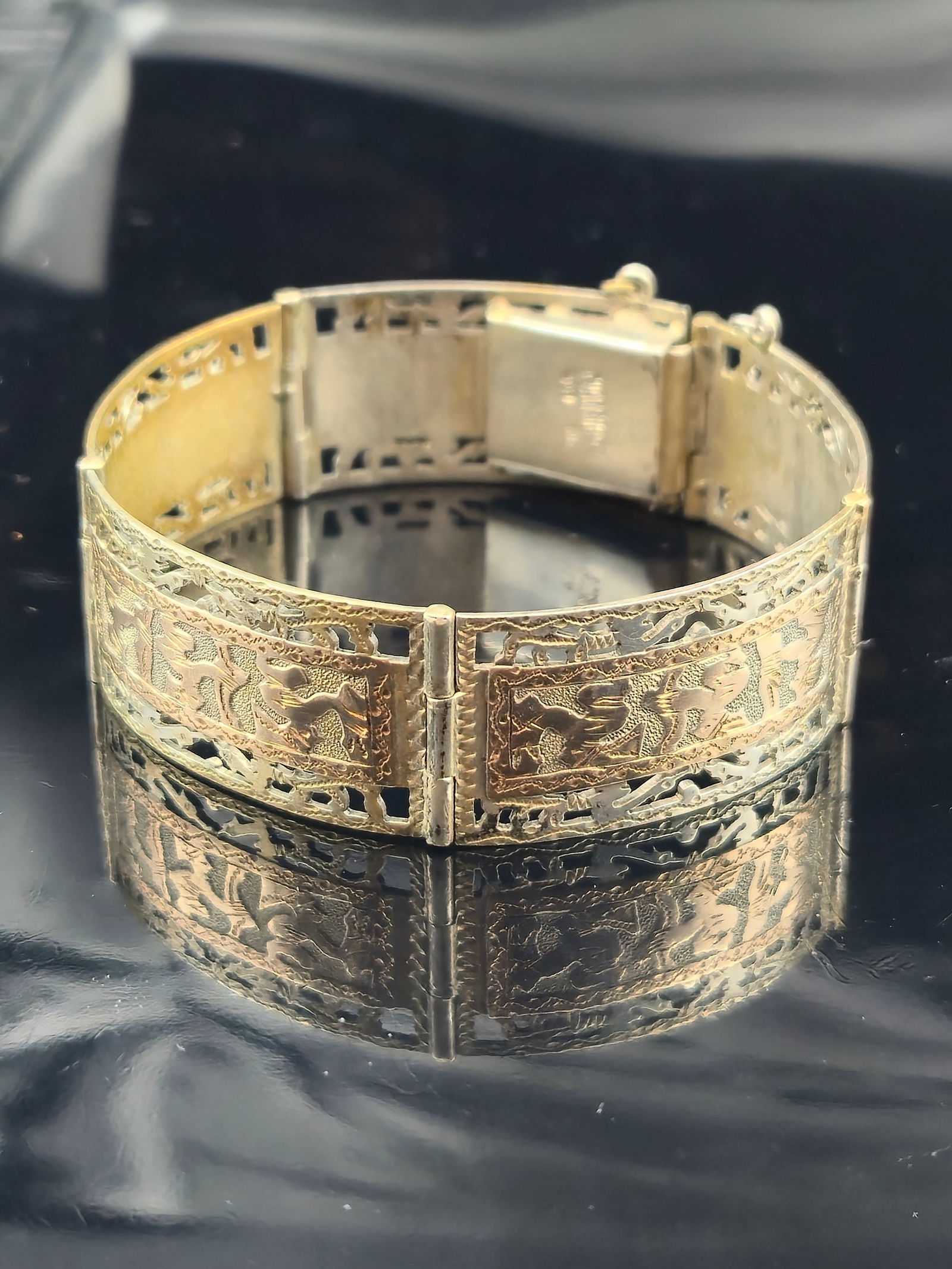 Vintage 900 Silver & Gold Overlay Guatemalan Panel Bracelet, 27.9g (1 of 7)