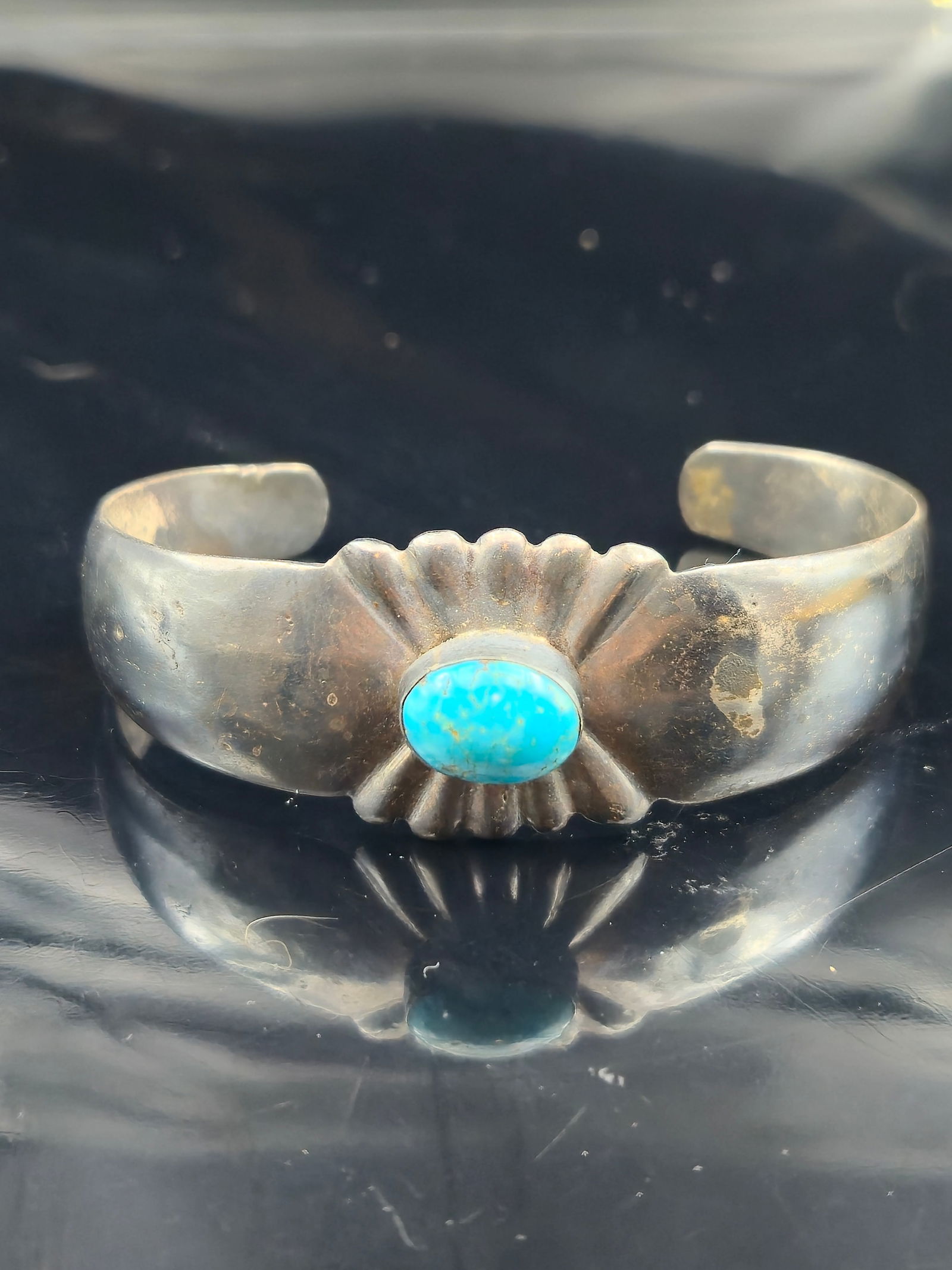 Vintage Navajo Sterling Silver Turquoise Cuff Bracelet, Signed HH (Herman Henry), 36.2g (1 of 7)