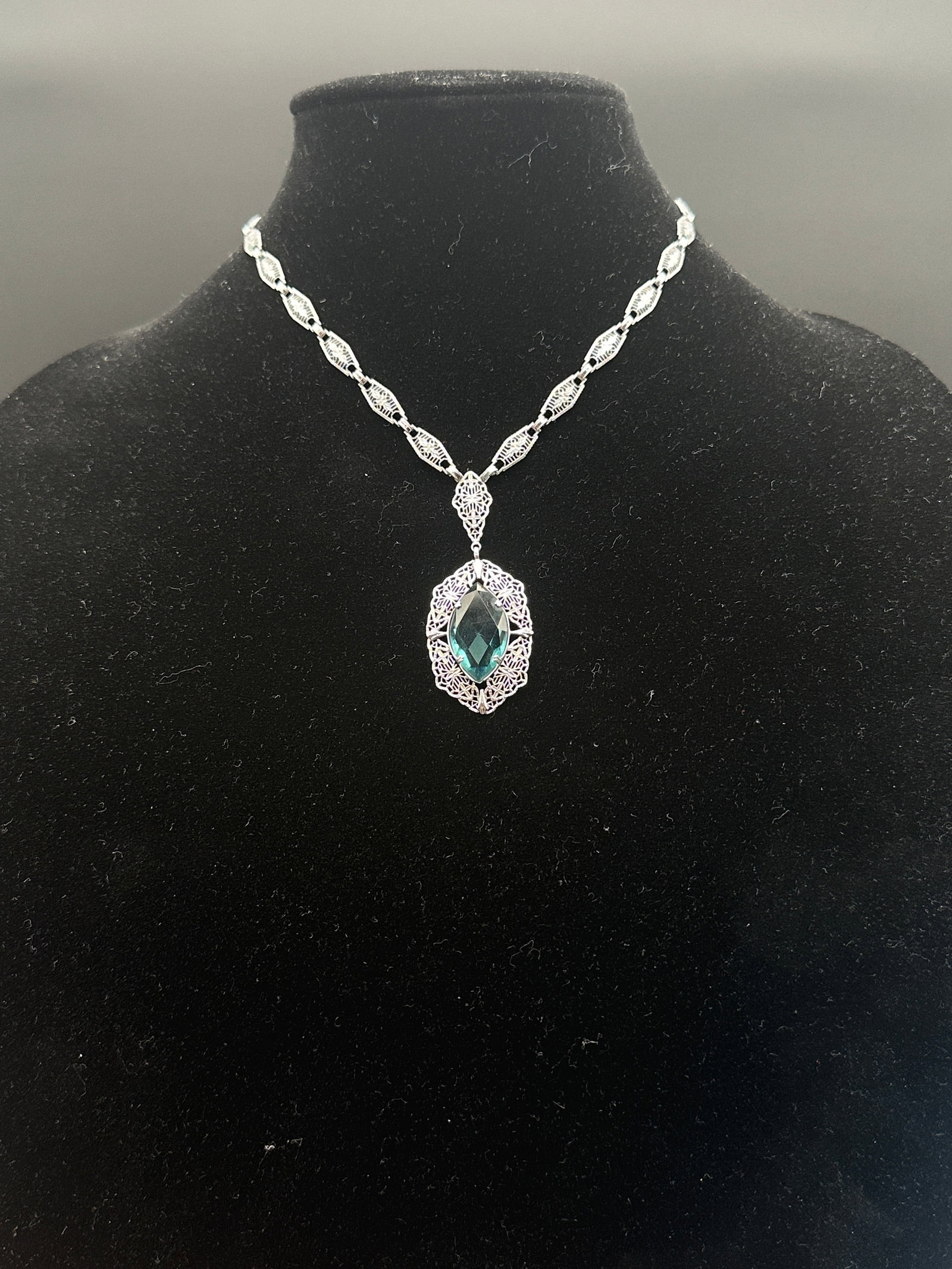 Art Deco Sterling Silver Filigree Necklace with Marquise Greenstone (1 of 7)