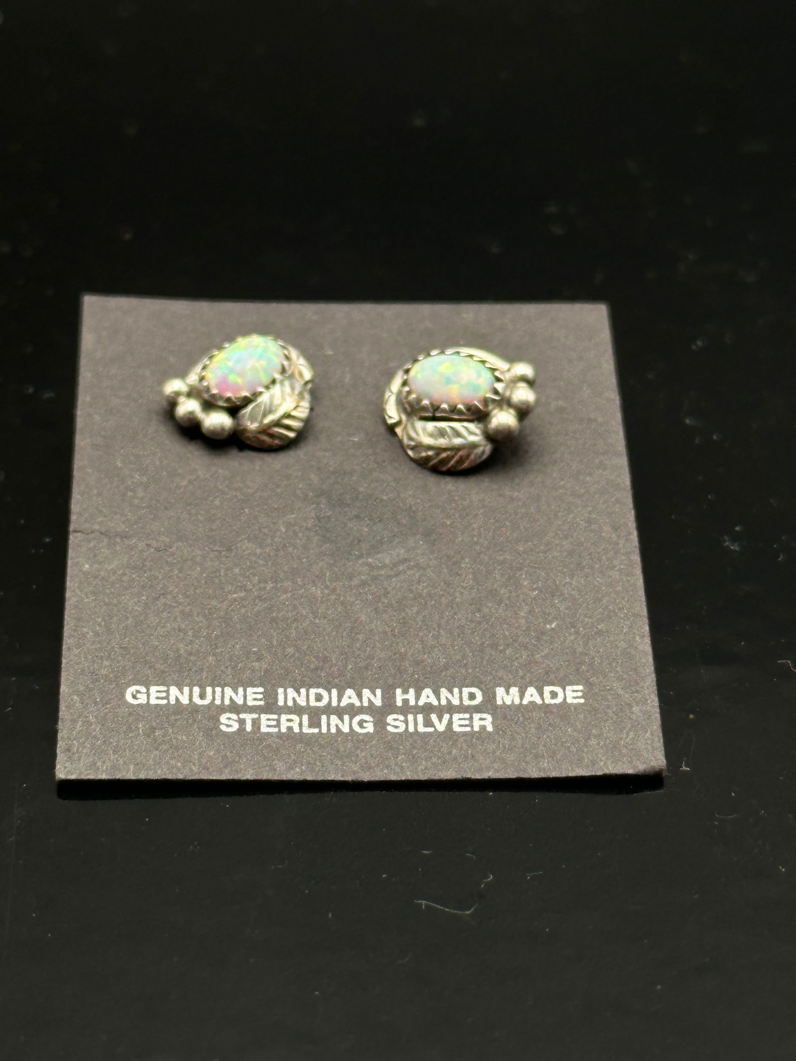 Navajo Sterling Silver Opal Leaf & Bead Earrings – Handmade (1 of 5)