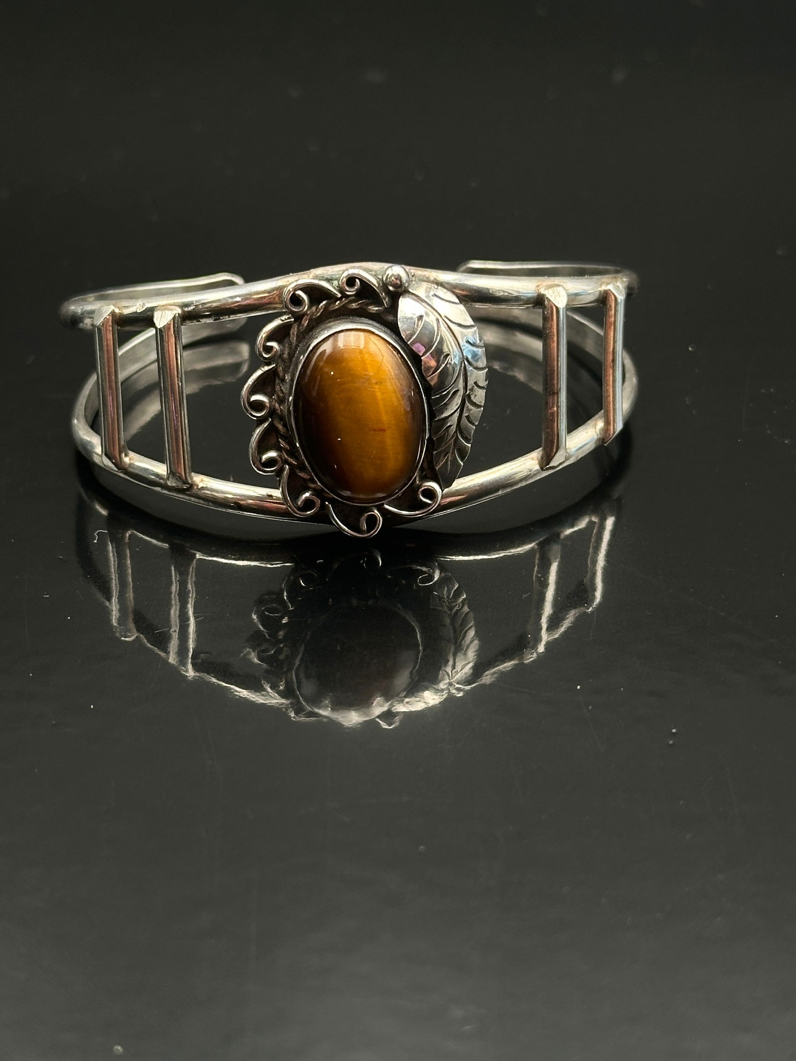 Vintage Navajo Sterling Silver “JW” Cuff Bracelet with Tiger’s Eye (1 of 9)