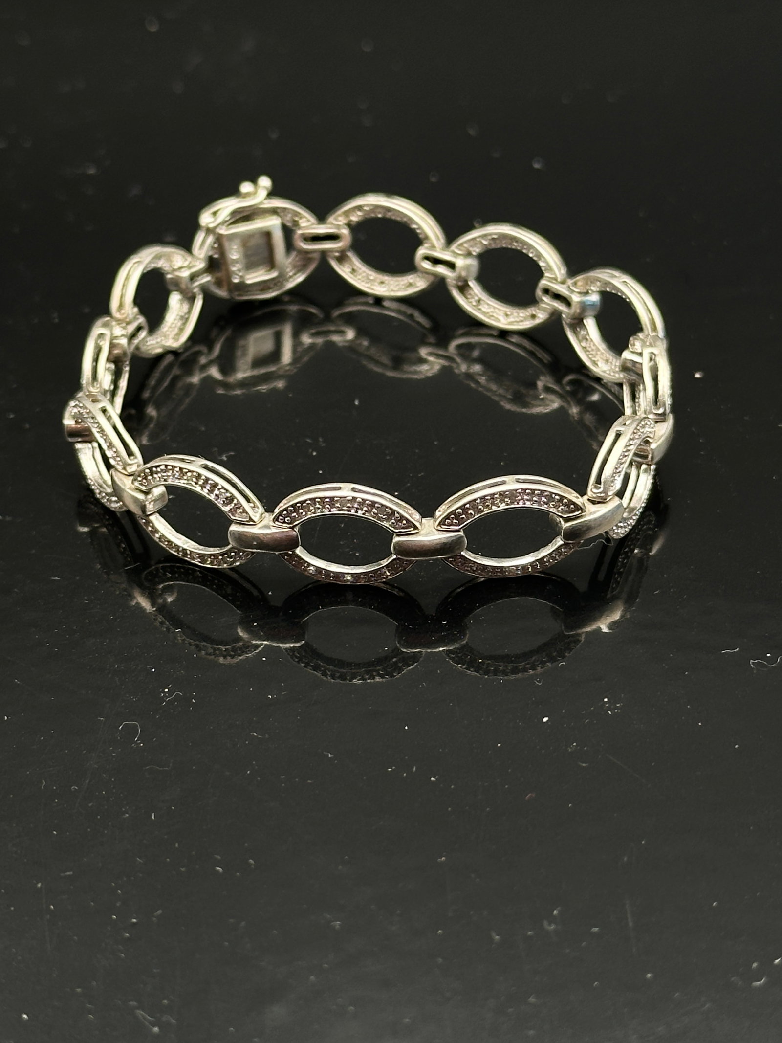 Sterling Silver Open Oval Link Bracelet with Marcasite Accents (1 of 10)