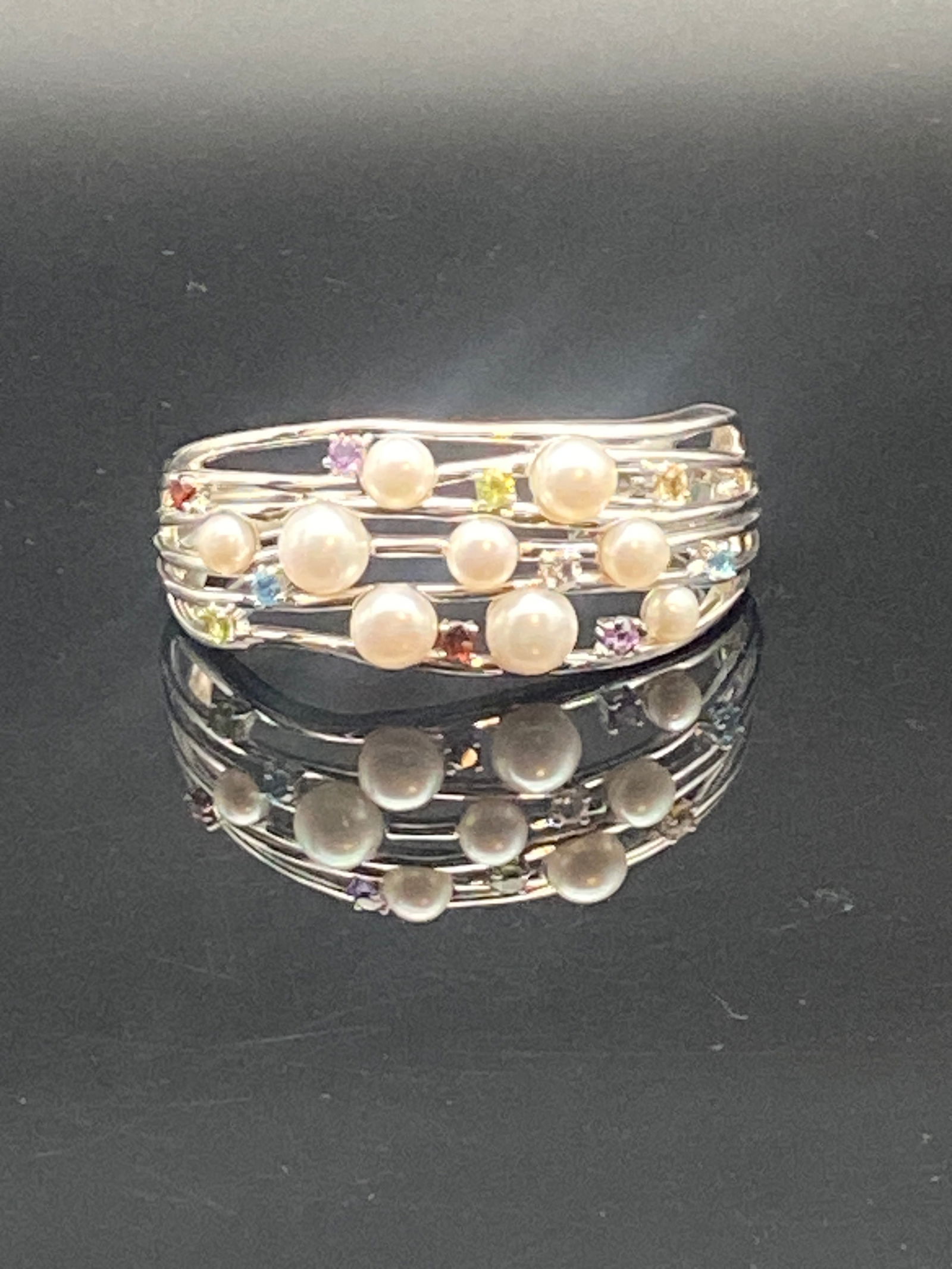Sterling Silver Multi-Row Cuff Bracelet with Pearls and Gemstones (1 of 4)