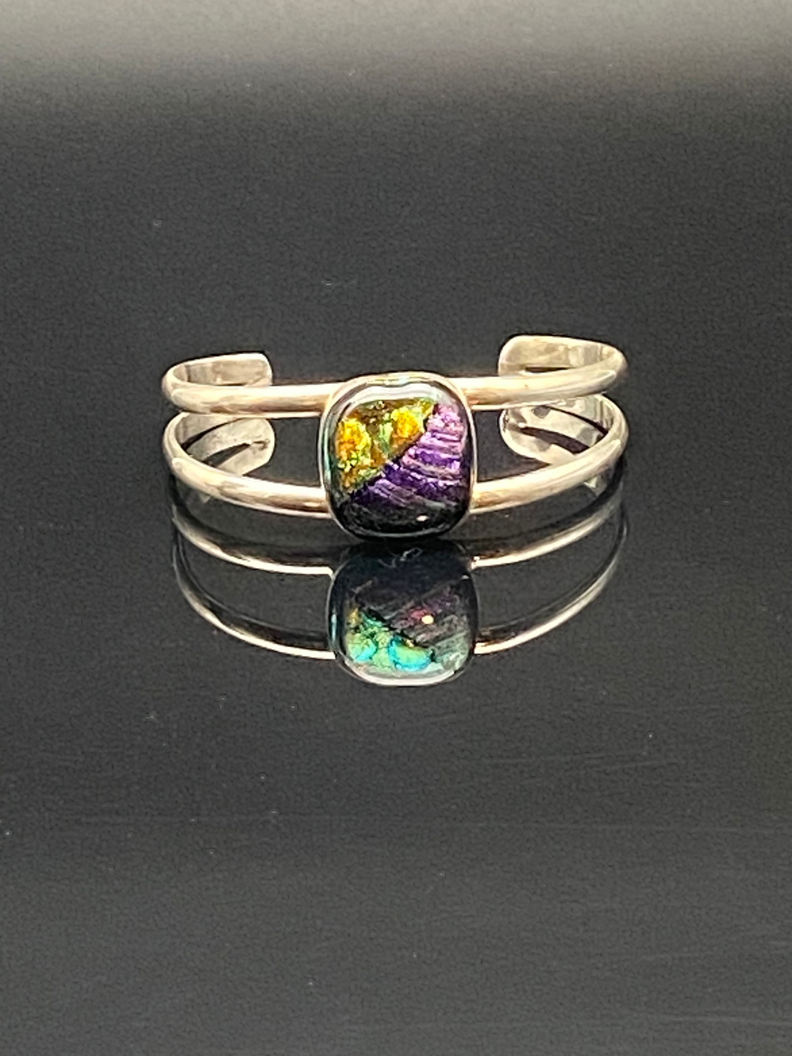 Sterling Silver Cuff Bracelet with Colorful Dichroic Glass Centerpiece (1 of 4)
