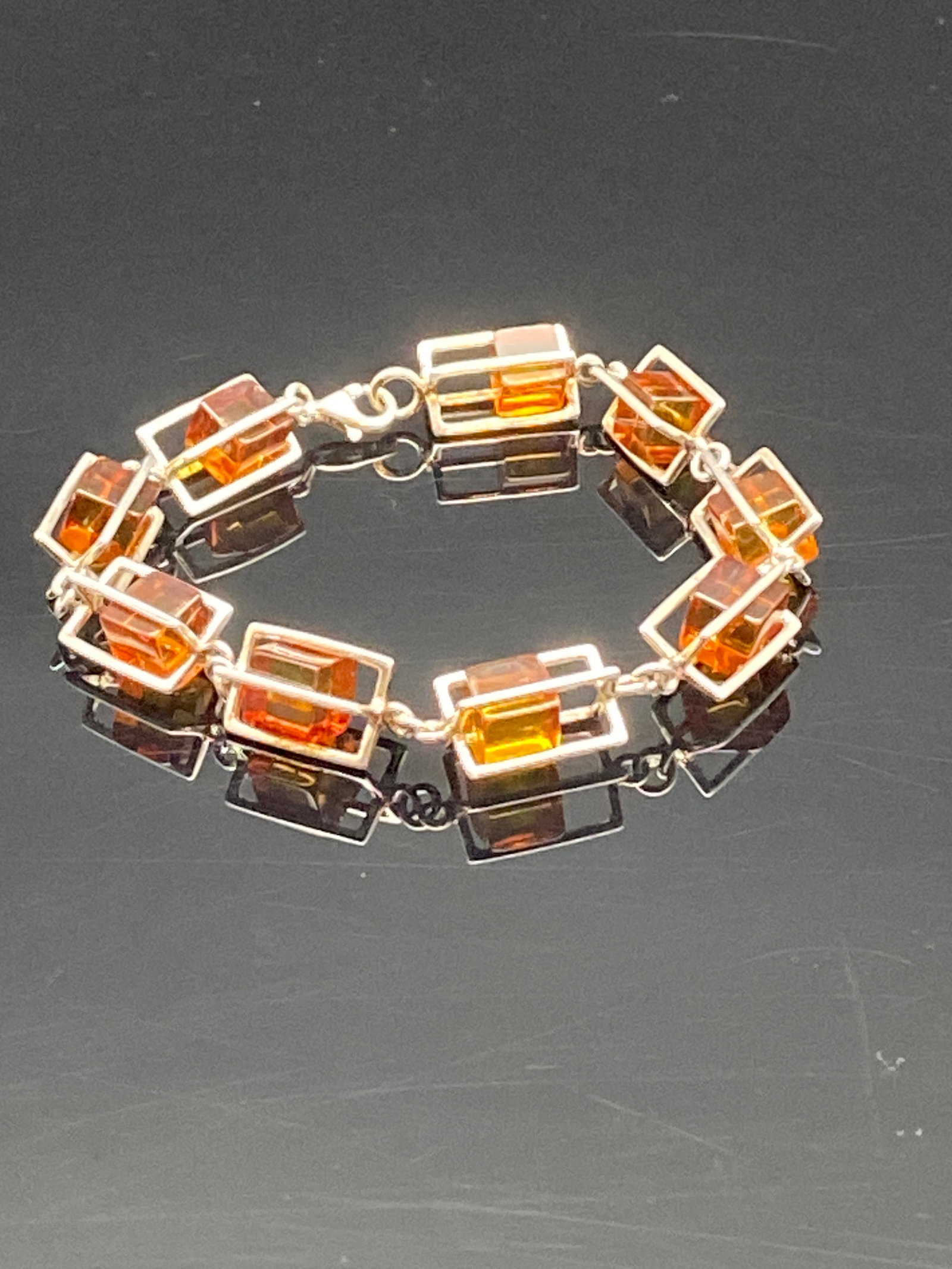 Sterling Silver Geometric Link Bracelet with Amber-Colored Stones (1 of 5)