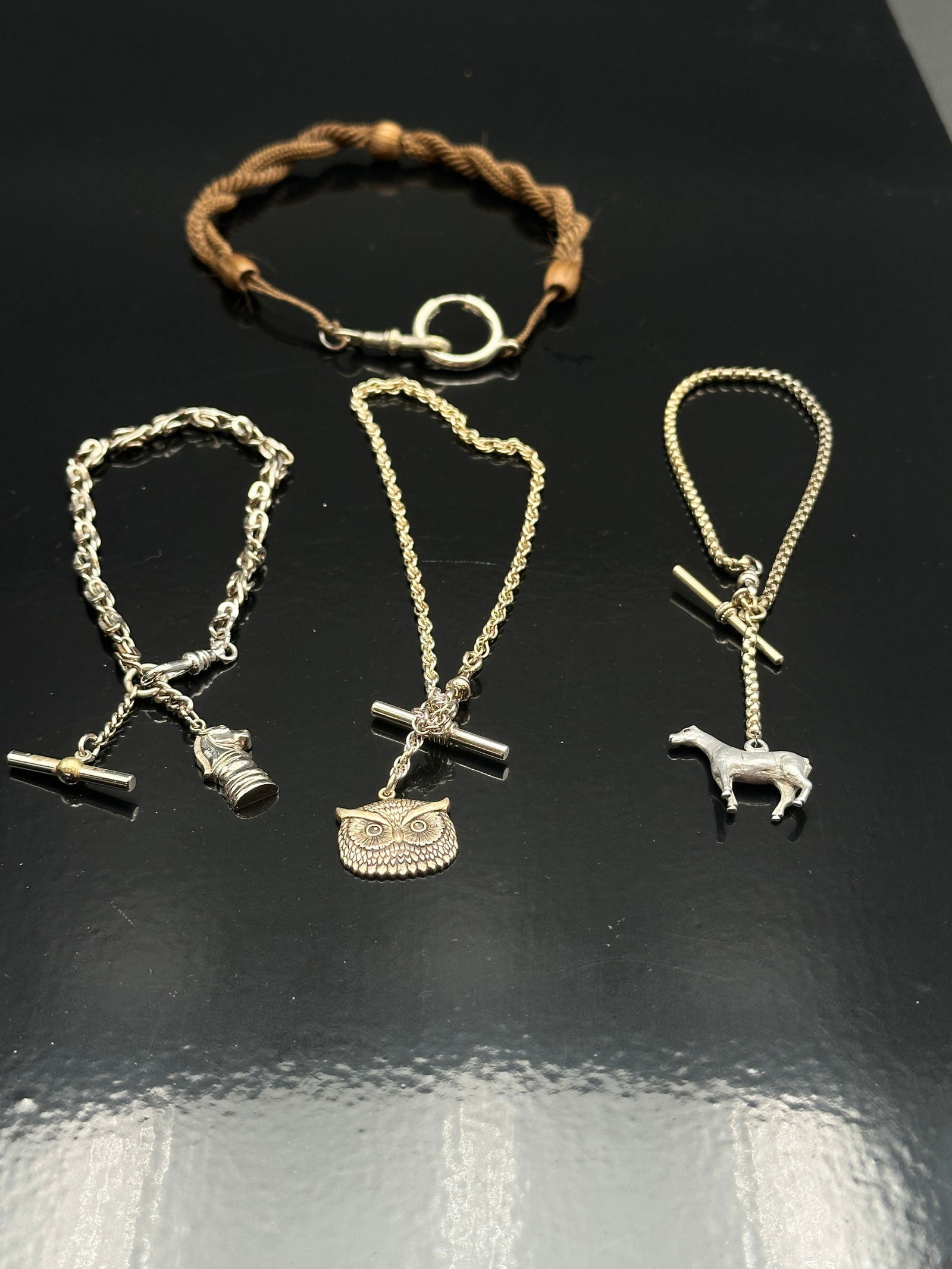 Lot of 4 Vintage Pocket Watch Chains with Fobs – Sterling Silver Owl, Horse & Knight Charms + (1 of 13)