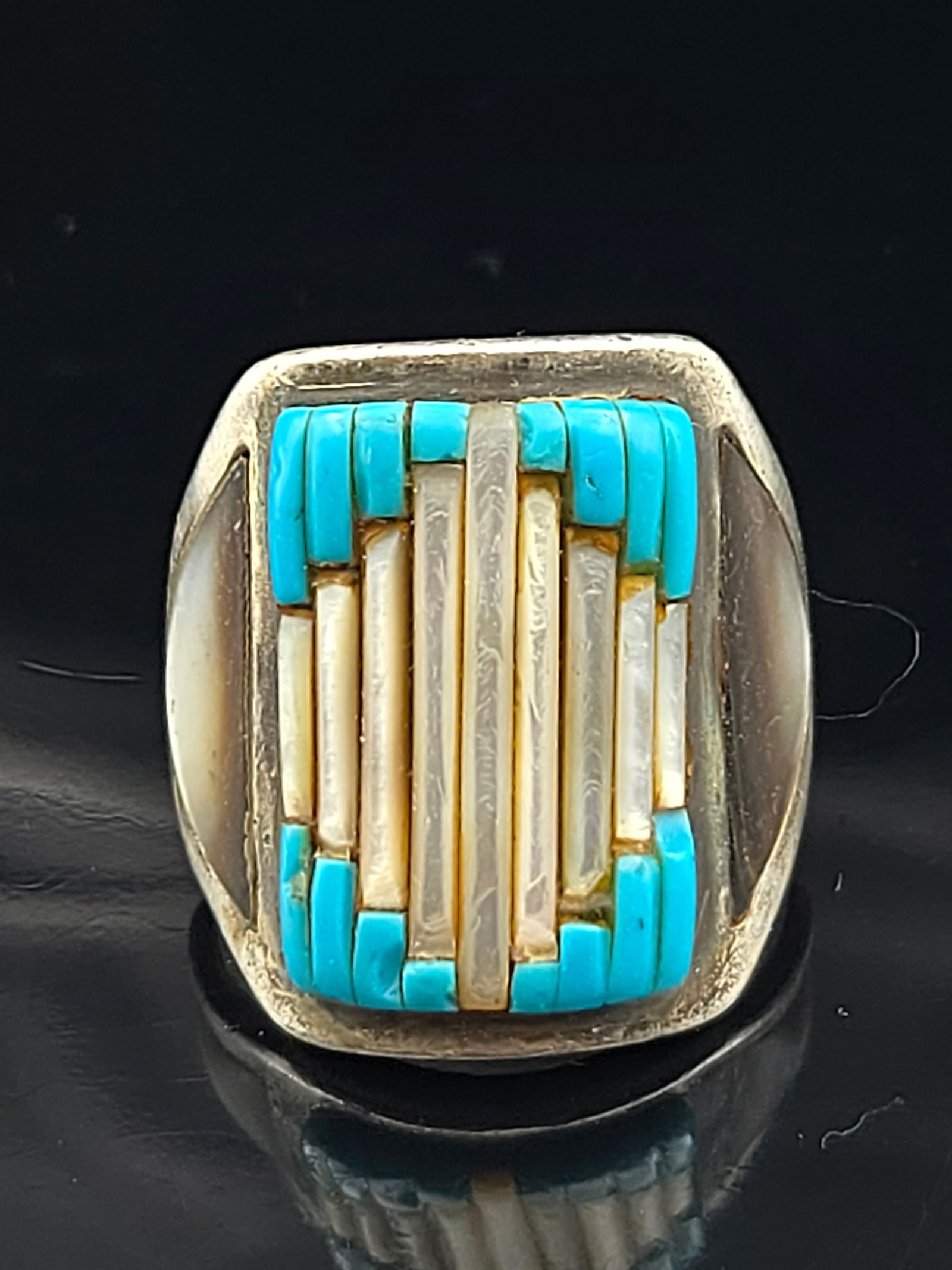 Vintage Zuni Sterling Silver Turquoise & Mother of Pearl Inlay Ring, Size 10.5, 19g (1 of 8)