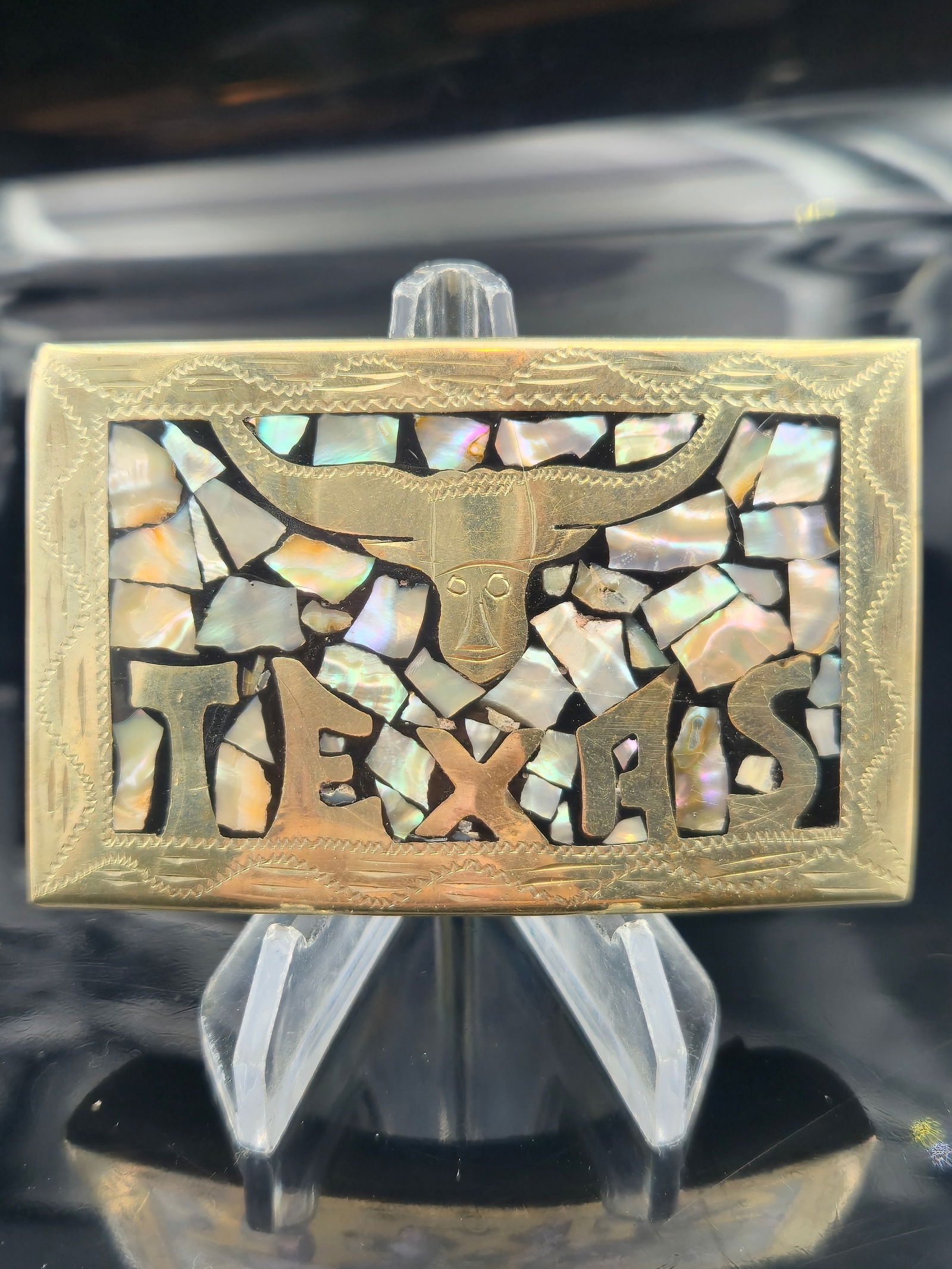 Vintage Mexican Brass & Abalone Inlay Texas Longhorn Belt Buckle, 53g (1 of 7)