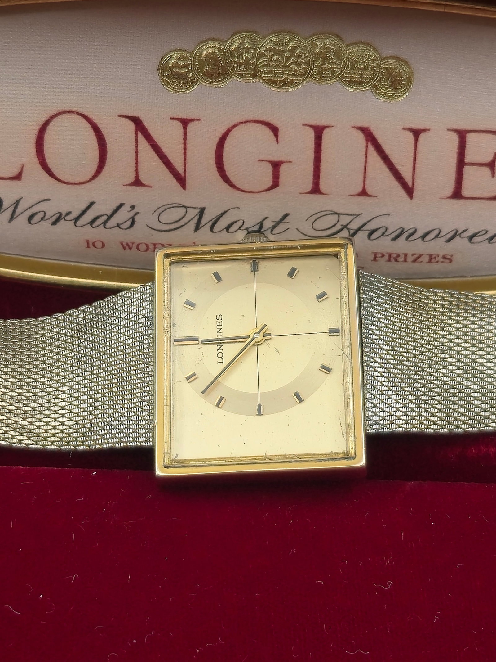 Longines Specialty 10K GF Square Offset Dial 17J Manual Wind w/ Box: Vintage 1960s Longines Specialty/Presentation dress wristwatch featuring an offset crosshair dial design. Gold-tone dial with applied indices in a square 10K gold-filled case by Star W.C. Co., case re