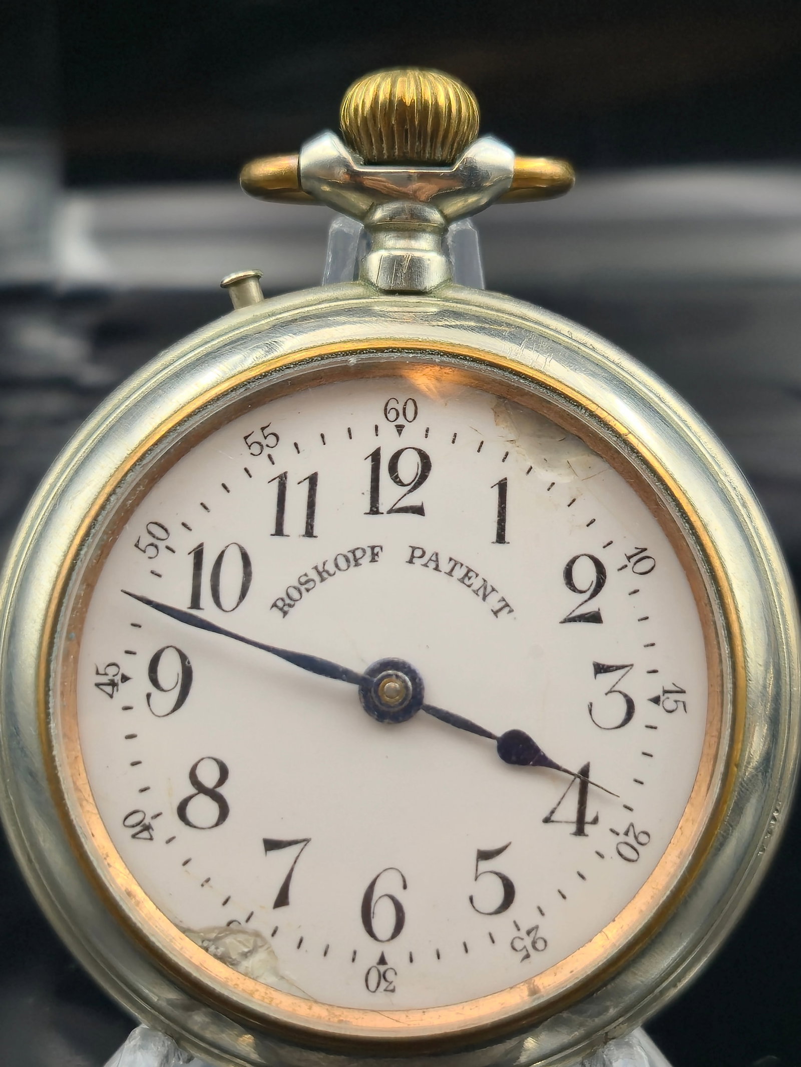 Antique Roskopf Patent Swiss Pocket Watch, Silveroid Case, Running: Swiss Roskopf Patent pocket watch, late 19th–early 20th century. White enamel dial marked Roskopf Patent with bold Arabic numerals and outer minute track. Gilt movement signed Roskopf Patent with sa