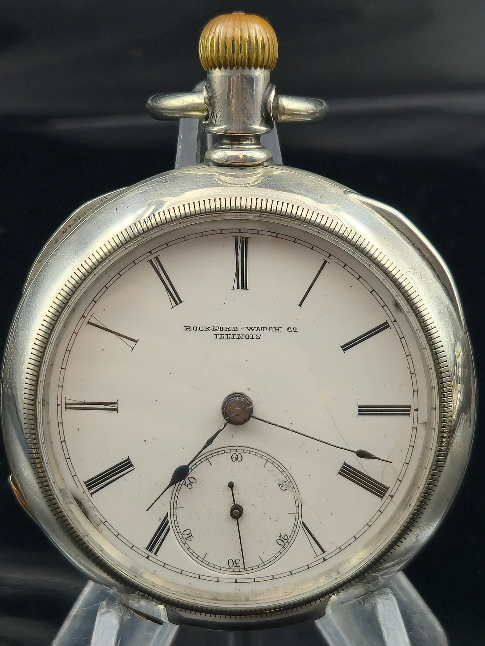 1883 Rockford 18s 15J Pocket Watch Low Serial #198725 in 3oz Coin Silver Case: This is an early production Rockford Watch Co. open-face pocket watch, serial number 198725, Grade 2, Model 4, produced in 1883. The watch features an 18-size, 15-jewel gilt full-plate movement with l
