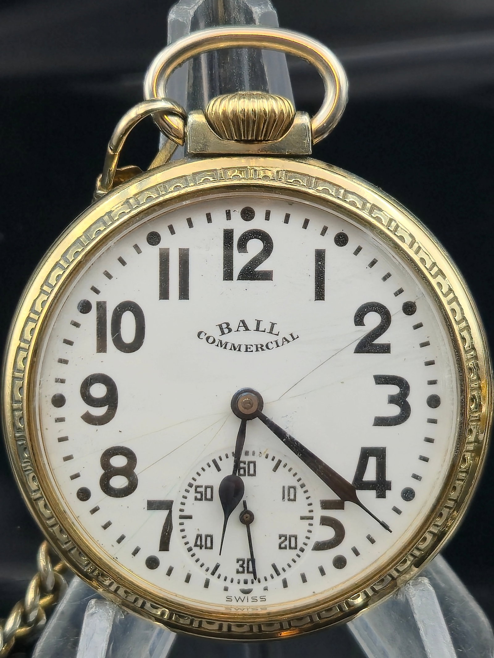 Ball Commercial Swiss 17J Pocket Watch Keystone GF Case w/ Chain Locomotive Etching RUNNING (1 of 9)